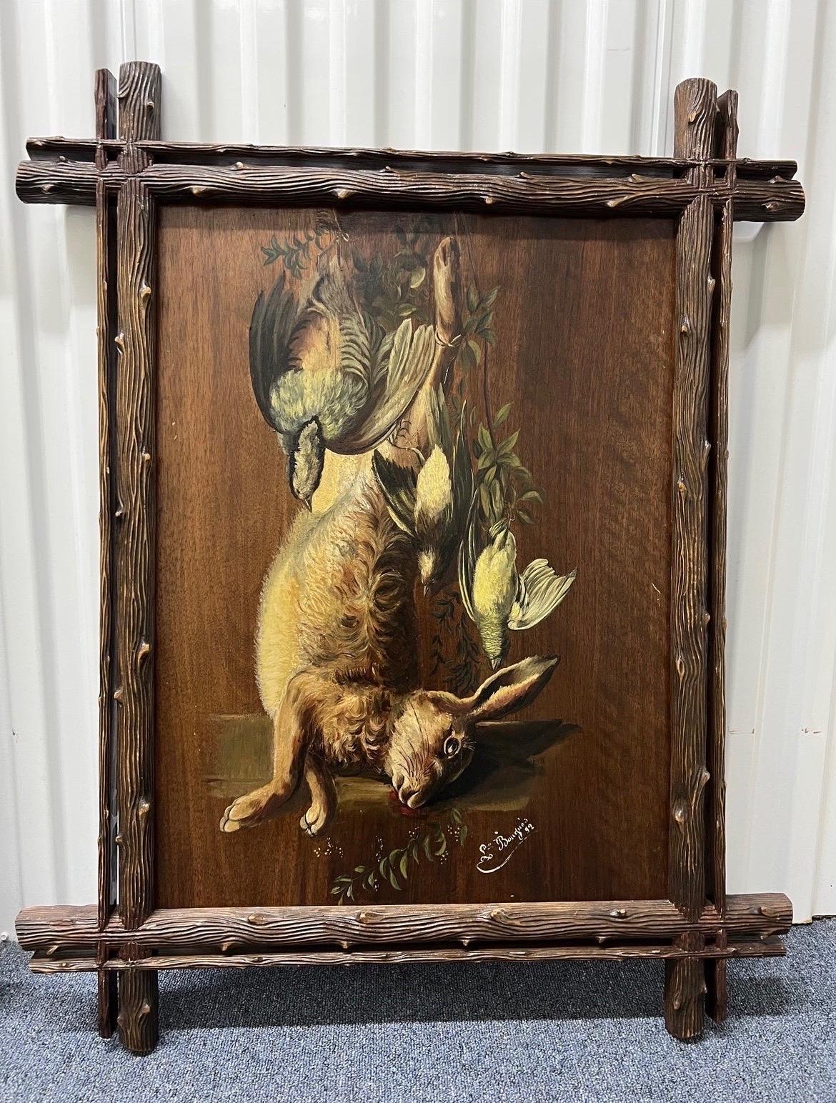 Black Forest 19th Century Trompe l'Oeil Rabbit and Pheasant Oil Paintings, Framed, a Pair For Sale