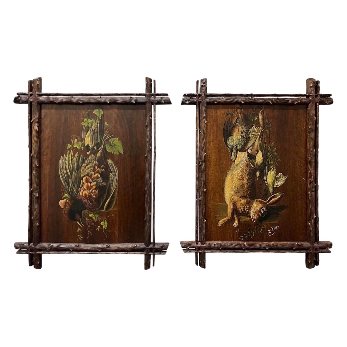 19th Century Trompe l'Oeil Rabbit and Pheasant Oil Paintings, Framed, a Pair