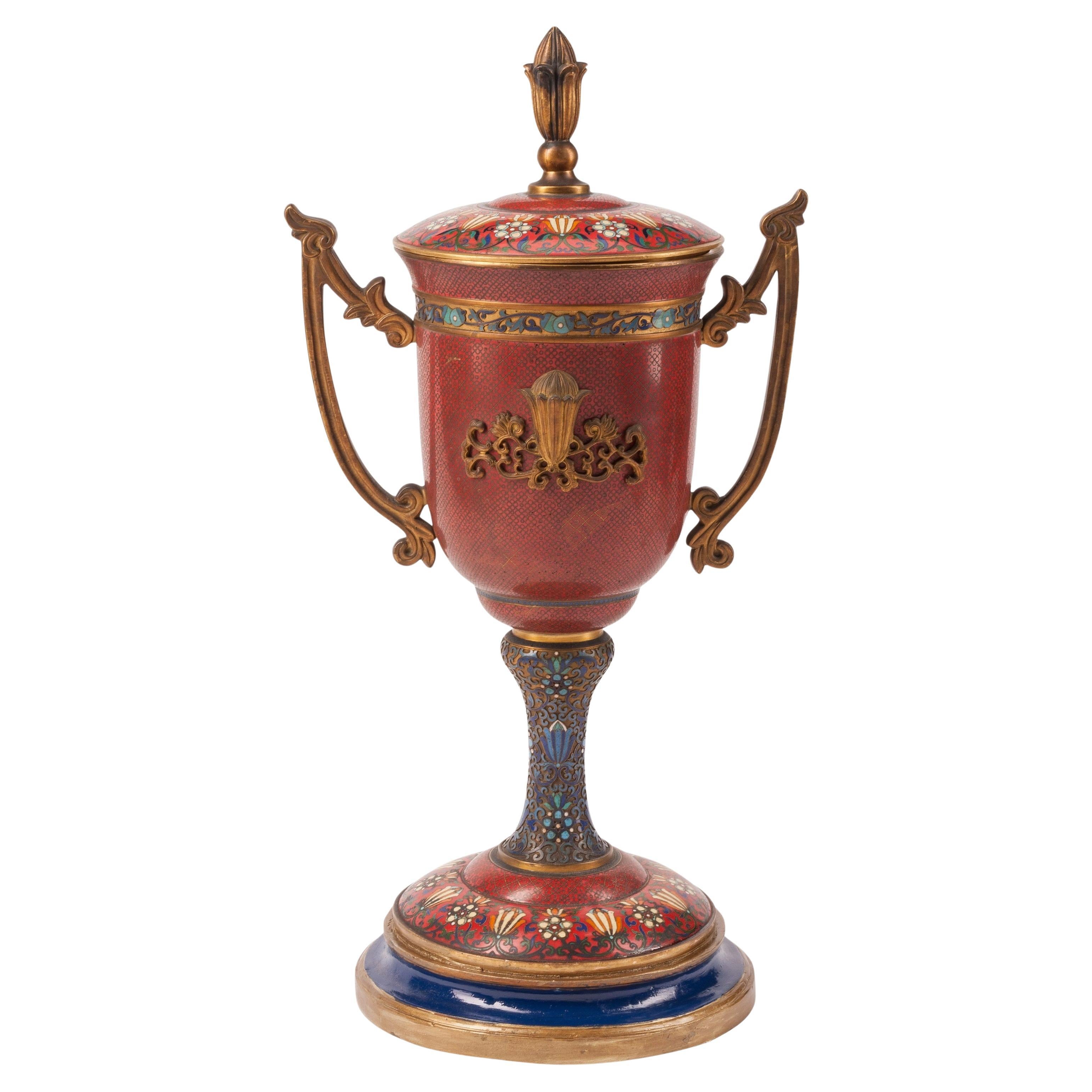 19th Century Trophy Form French Champleve and Cloisonne Vase with Cover