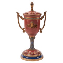 19th Century Trophy Form French Champleve and Cloisonne Vase with Cover