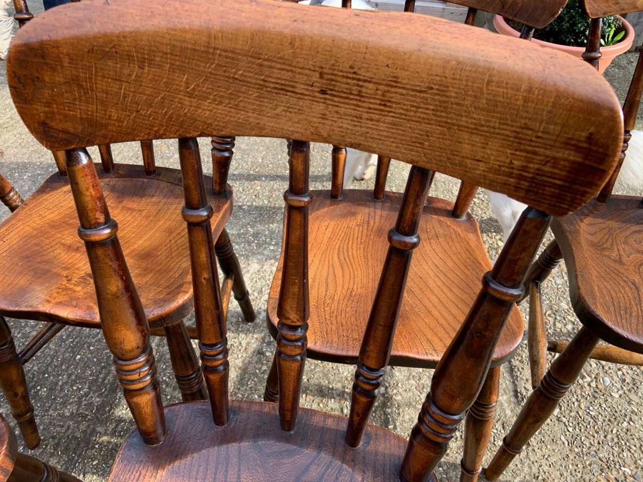 19th century true set of antique Windsor spindle back chairs. Superb grain and color. All fully restored and sturdy.
  