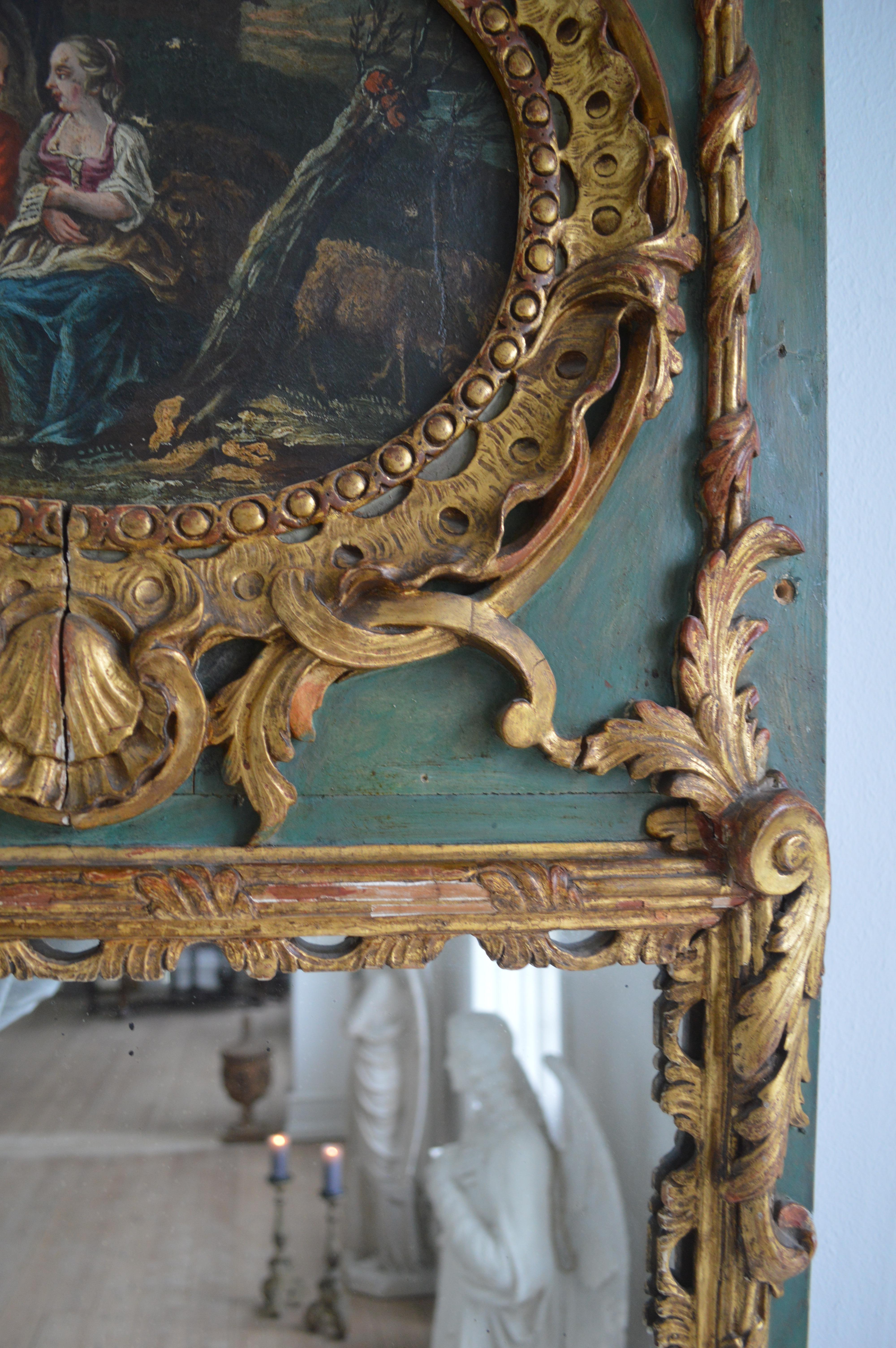 Carved 19th Century Trumeau Guilded Rococo Mercury Mirror For Sale