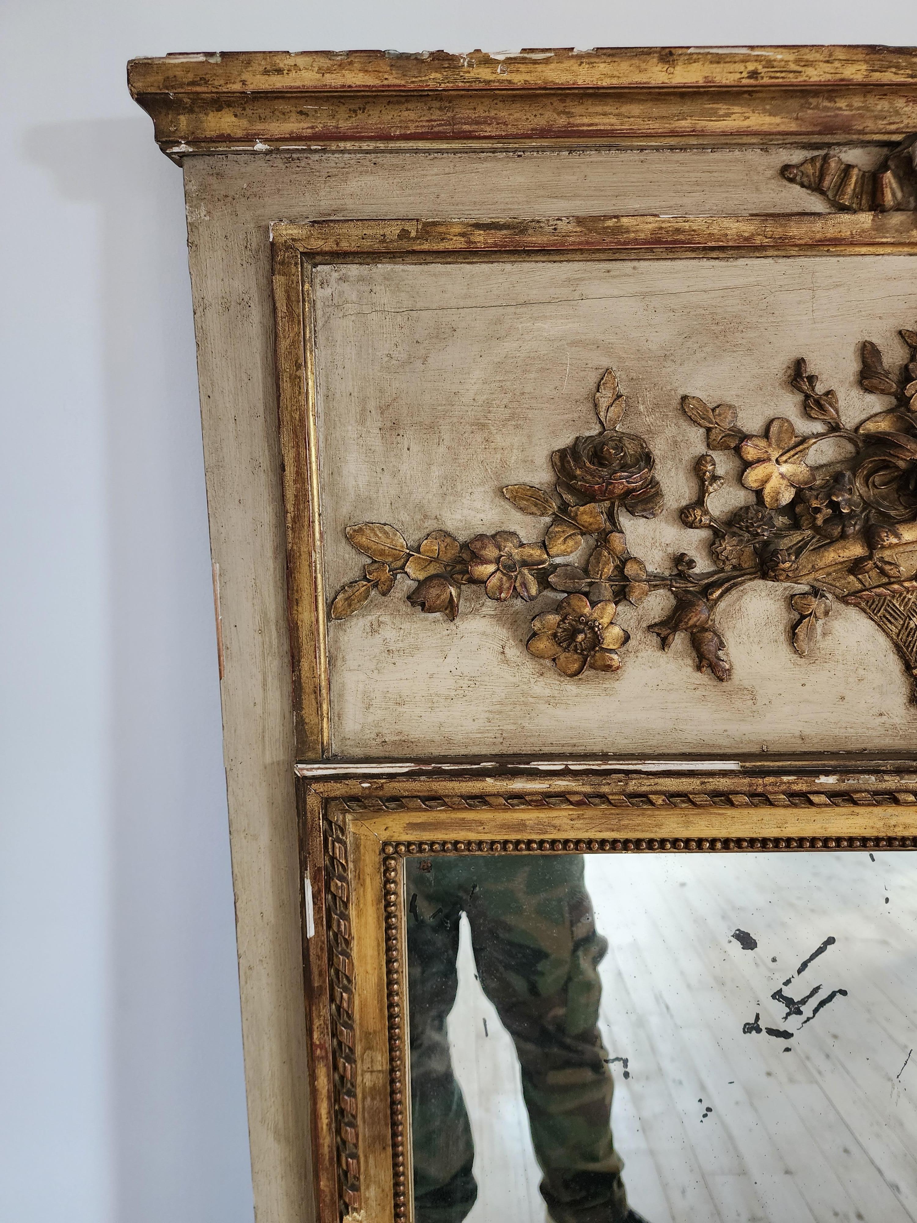 Louis XV  19th Century Trumeau Mirror With Gilded and Painted Surface For Sale