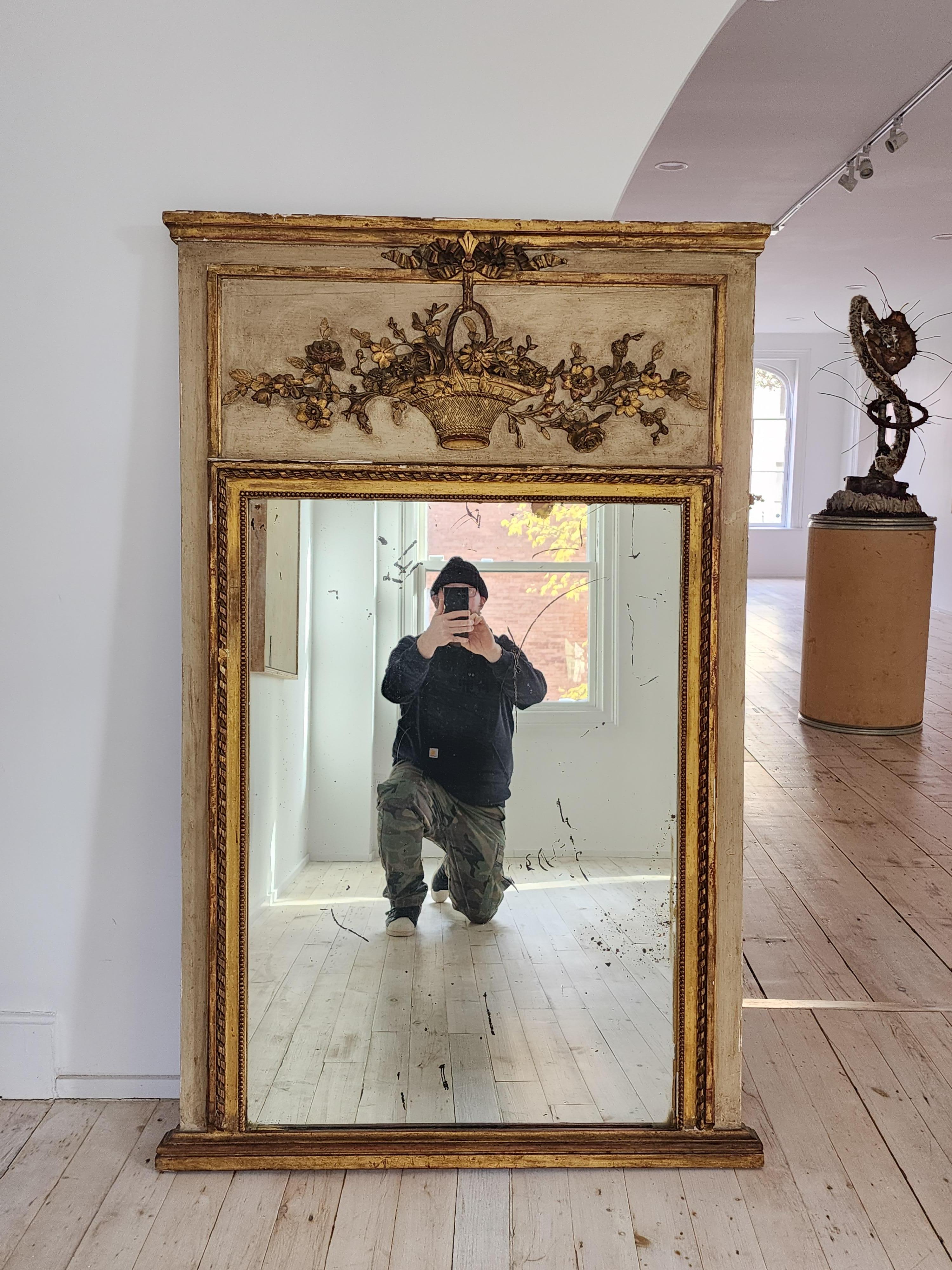 Gold  19th Century Trumeau Mirror With Gilded and Painted Surface For Sale