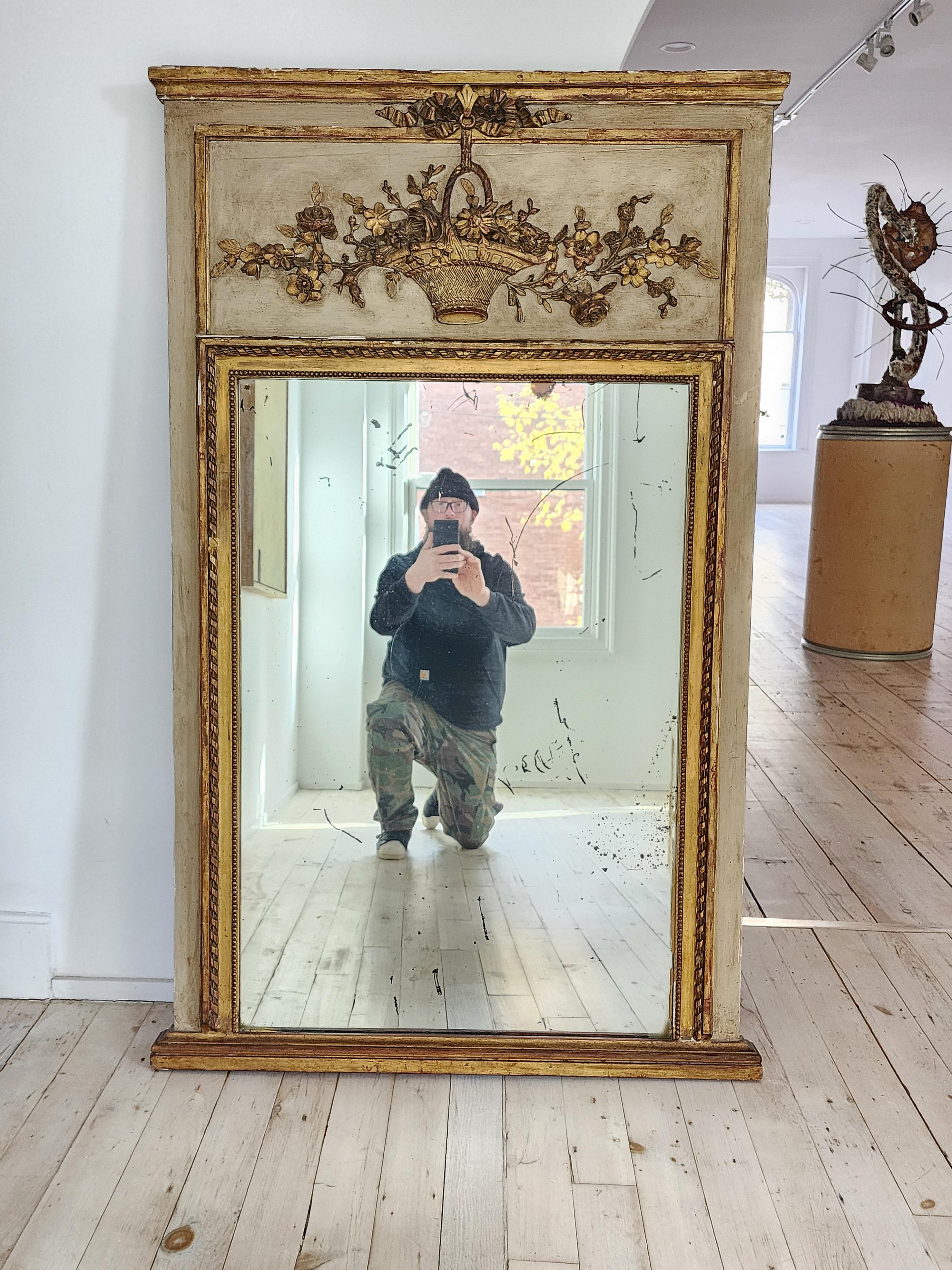  19th Century Trumeau Mirror With Gilded and Painted Surface In Fair Condition For Sale In Hudson, NY