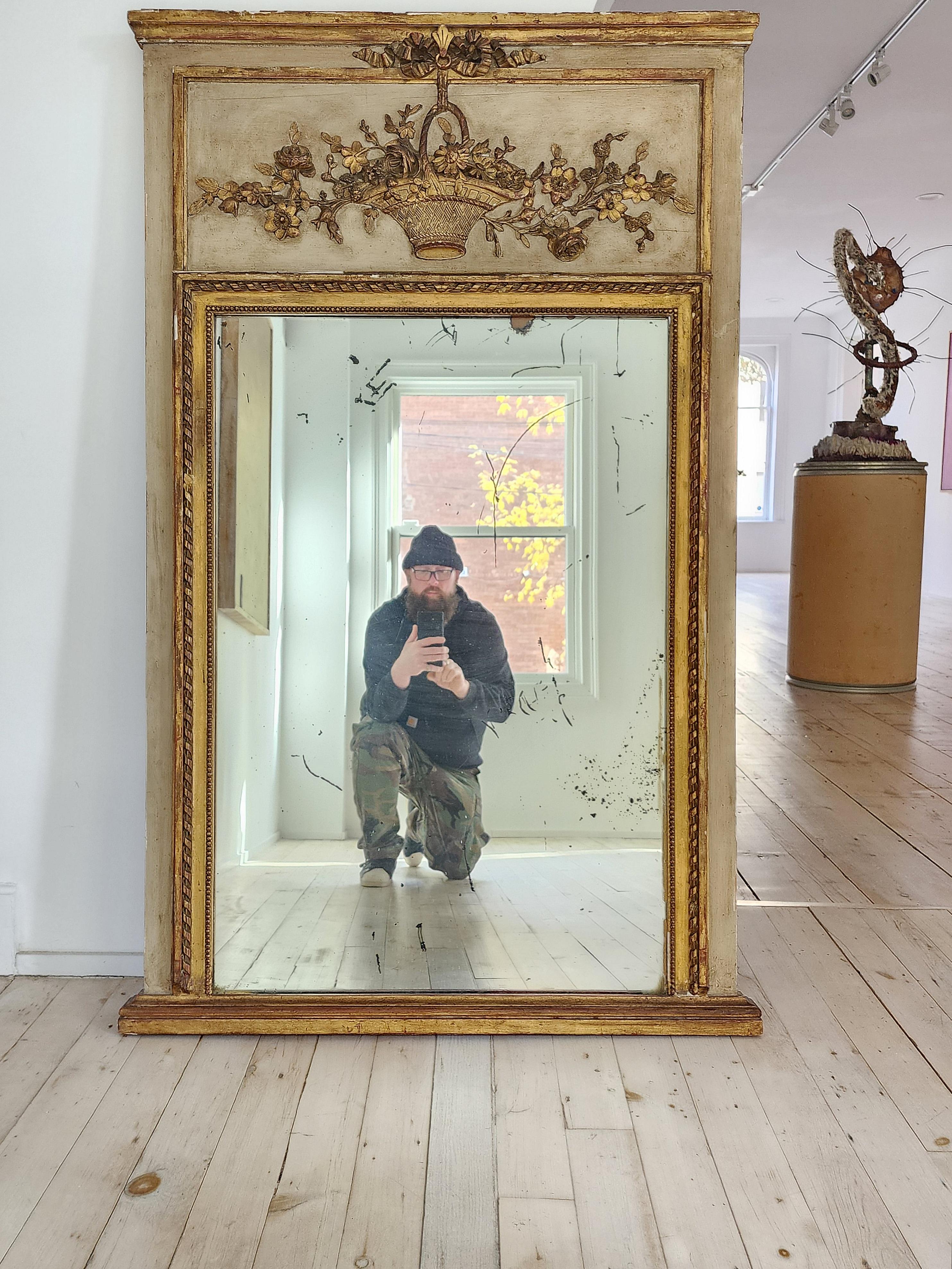 Hand-Crafted  19th Century Trumeau Mirror With Gilded and Painted Surface For Sale