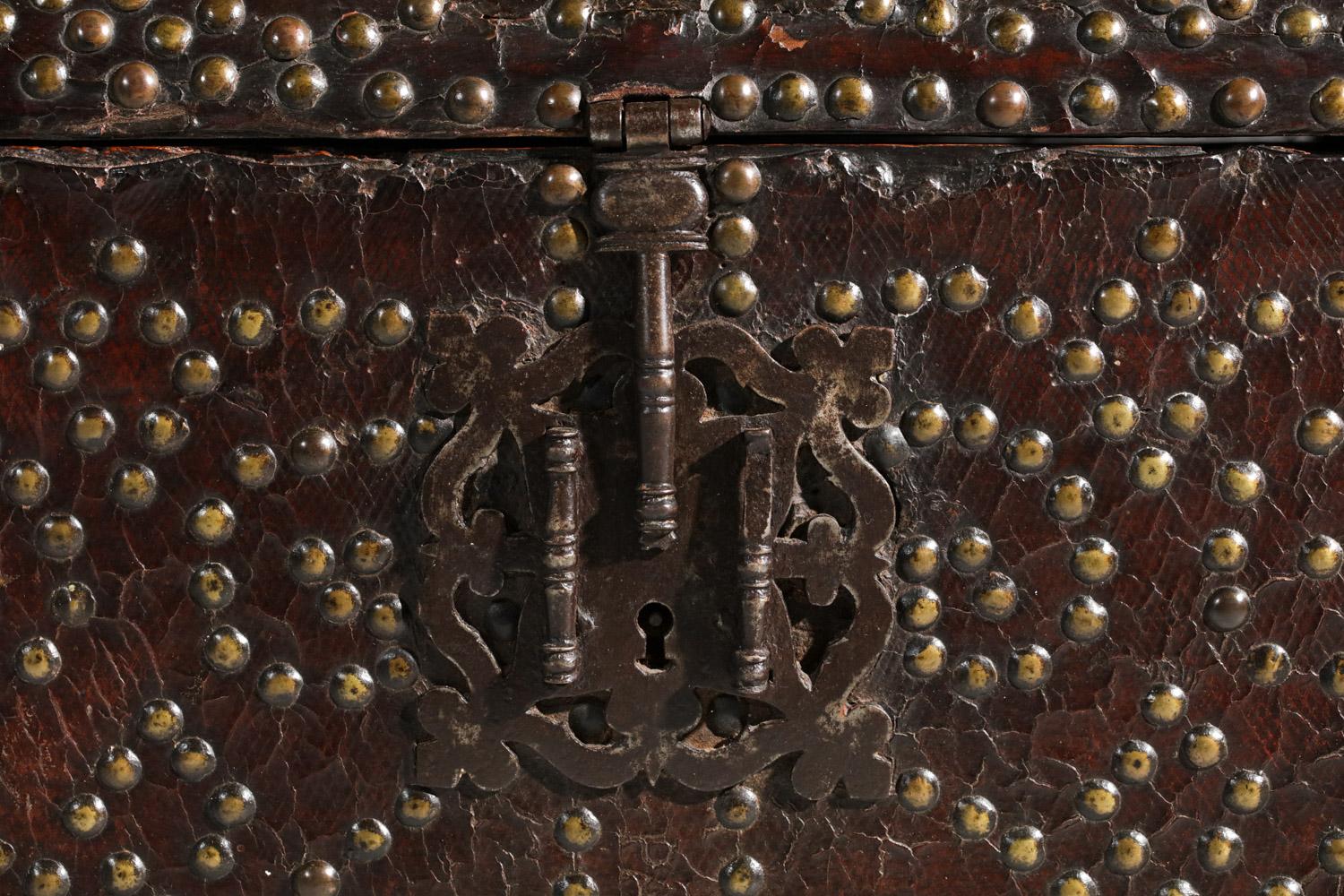 Medieval 19th Century Trunk in Studded Leather and Solid Wood For Sale
