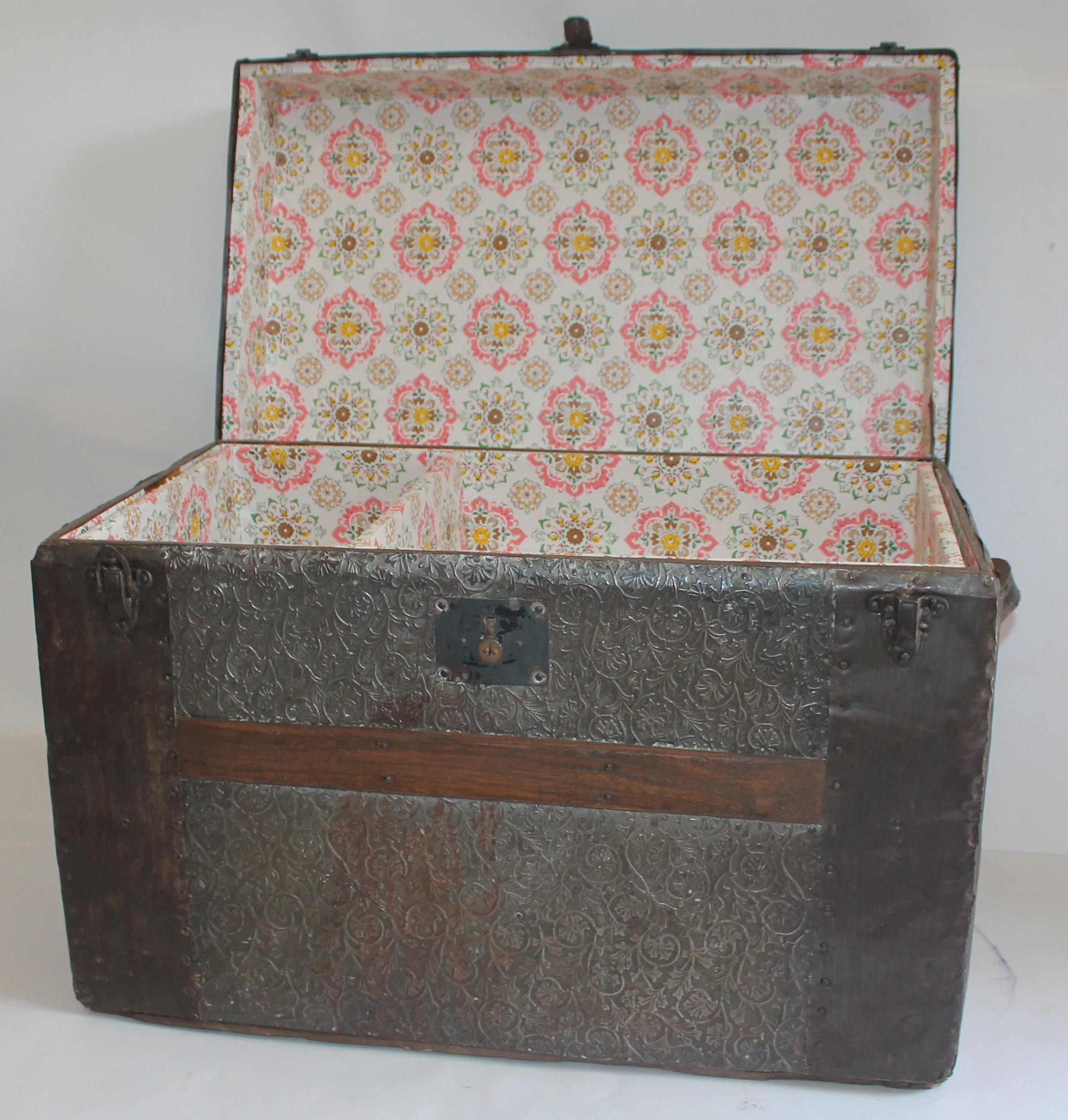 19th Century Trunk with Embossed Tin and Wood 4