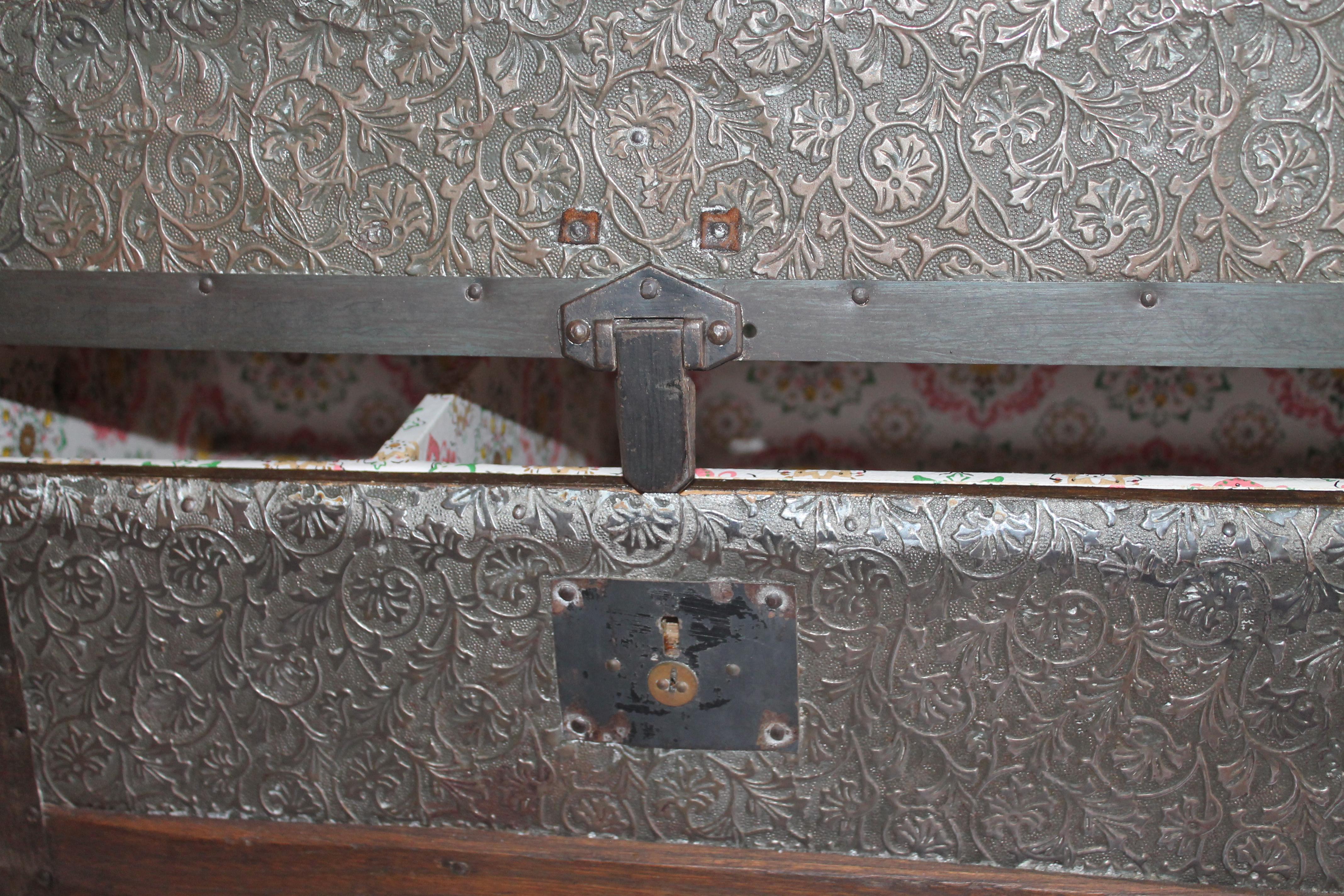 19th Century Trunk with Embossed Tin and Wood 5