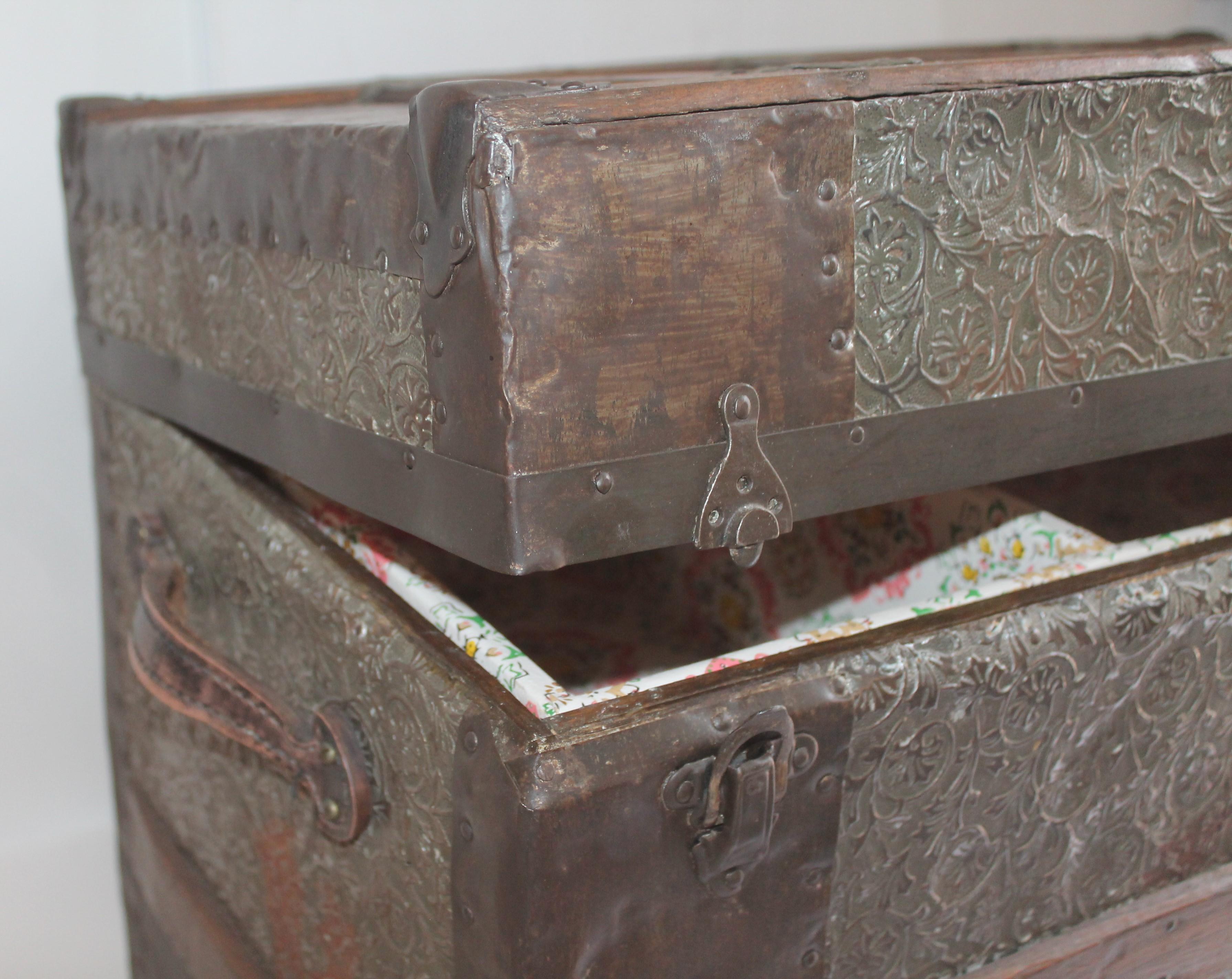 19th Century Trunk with Embossed Tin and Wood 6