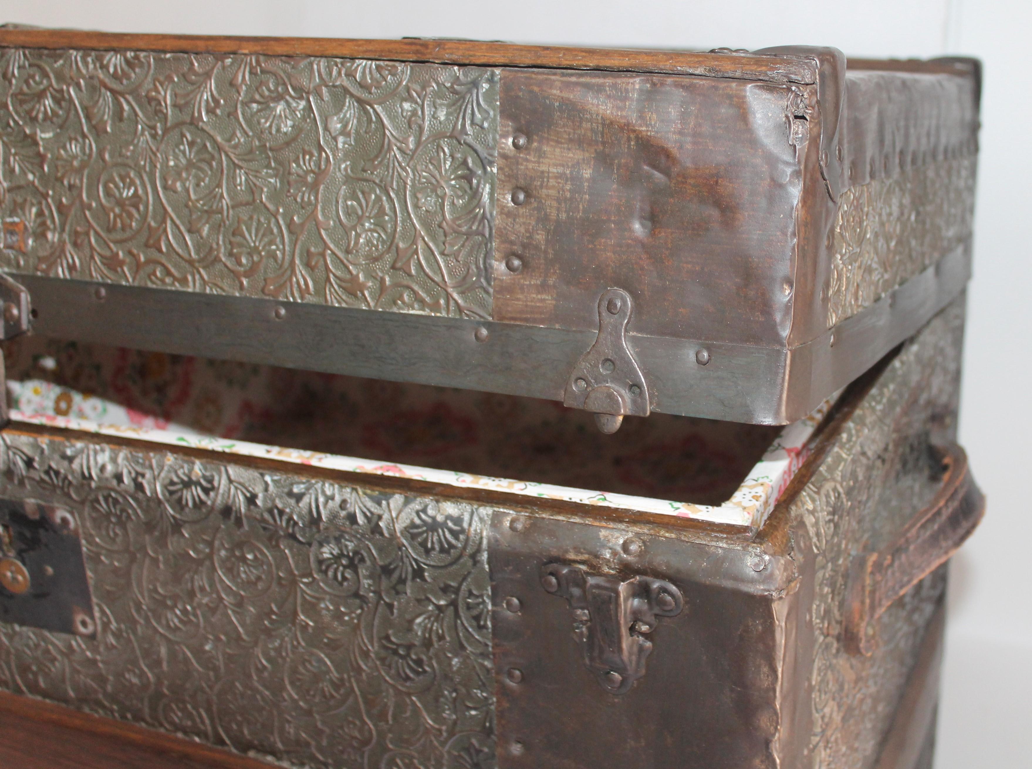 19th Century Trunk with Embossed Tin and Wood 7
