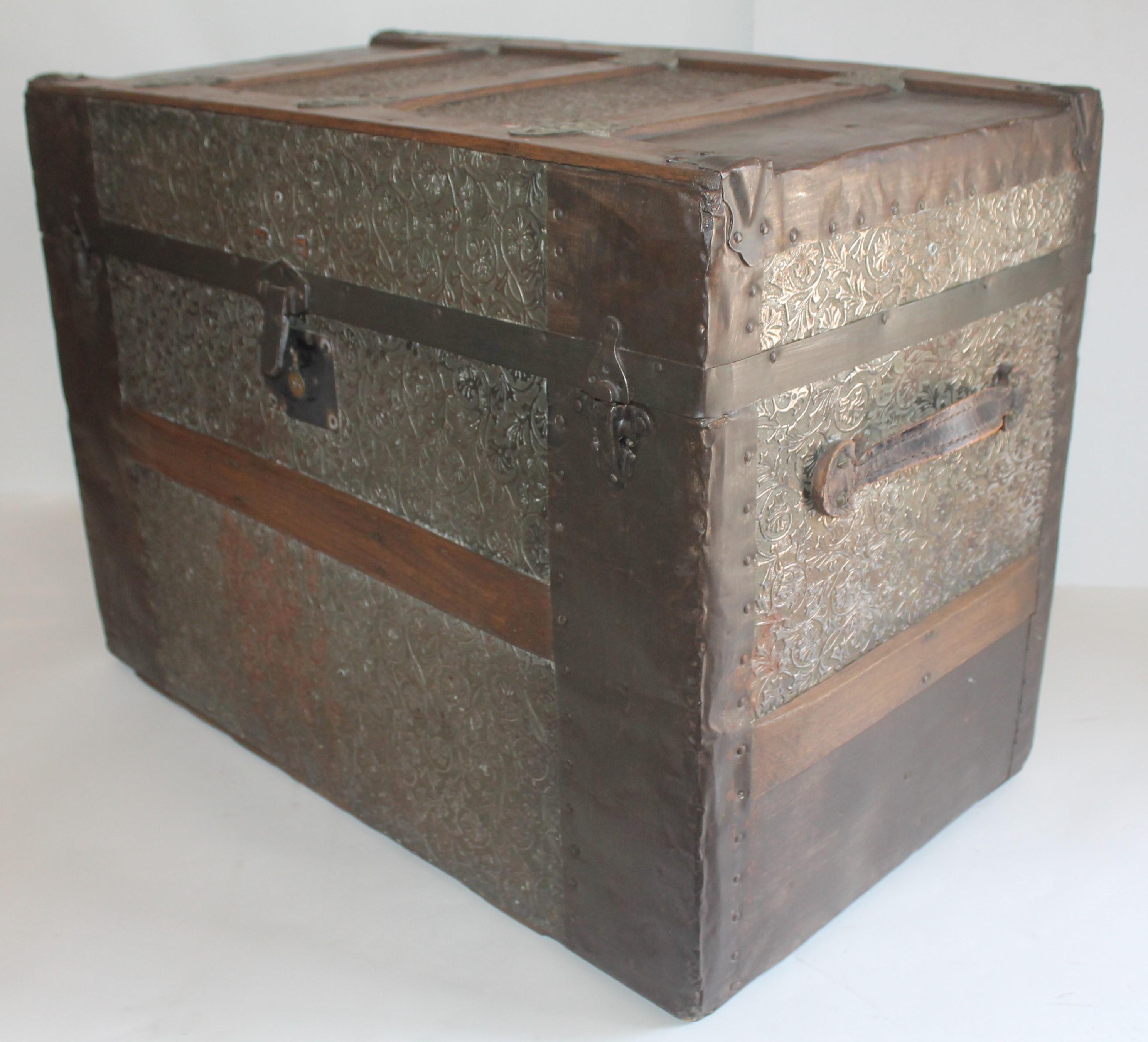 Country 19th Century Trunk with Embossed Tin and Wood