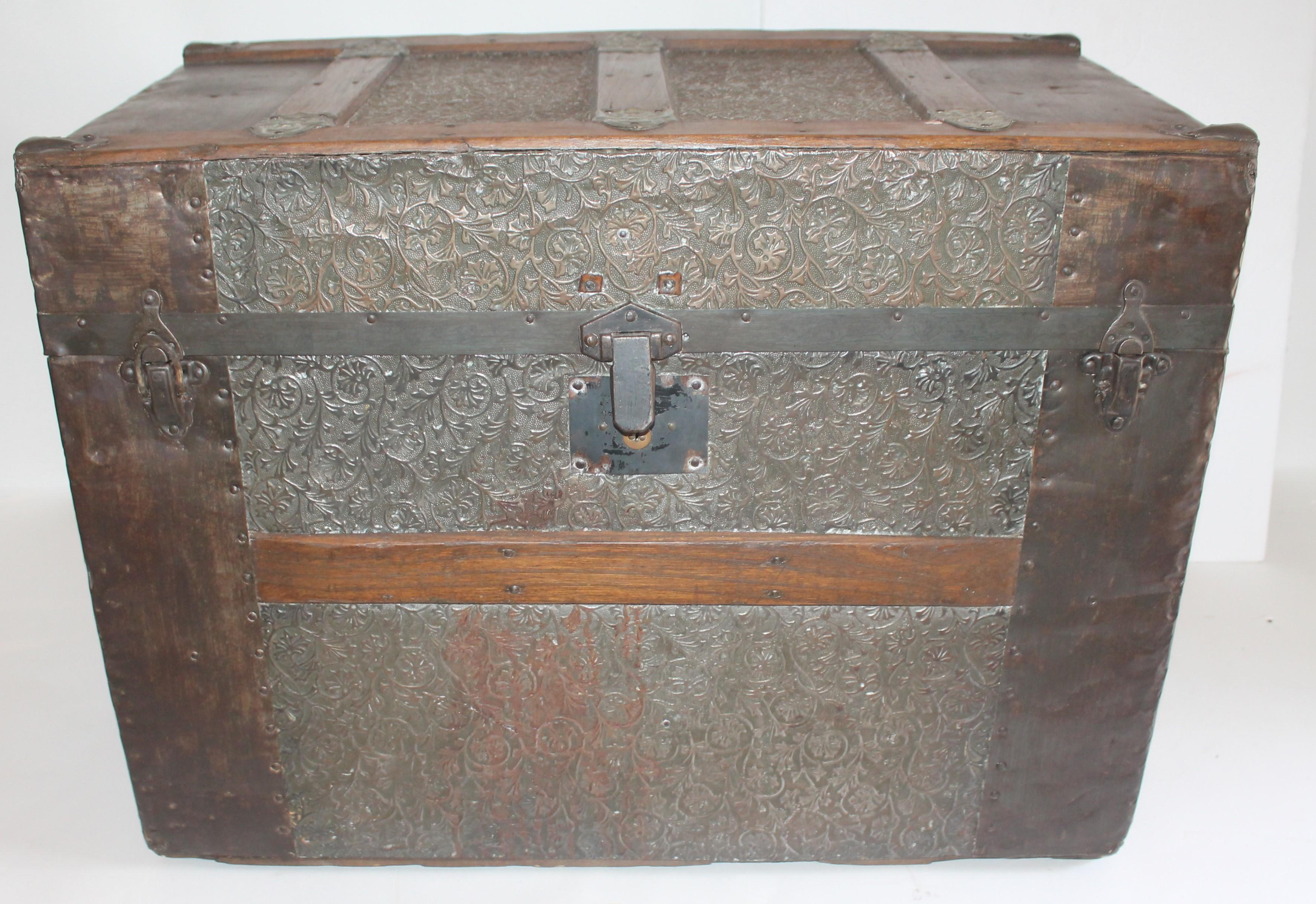 American 19th Century Trunk with Embossed Tin and Wood