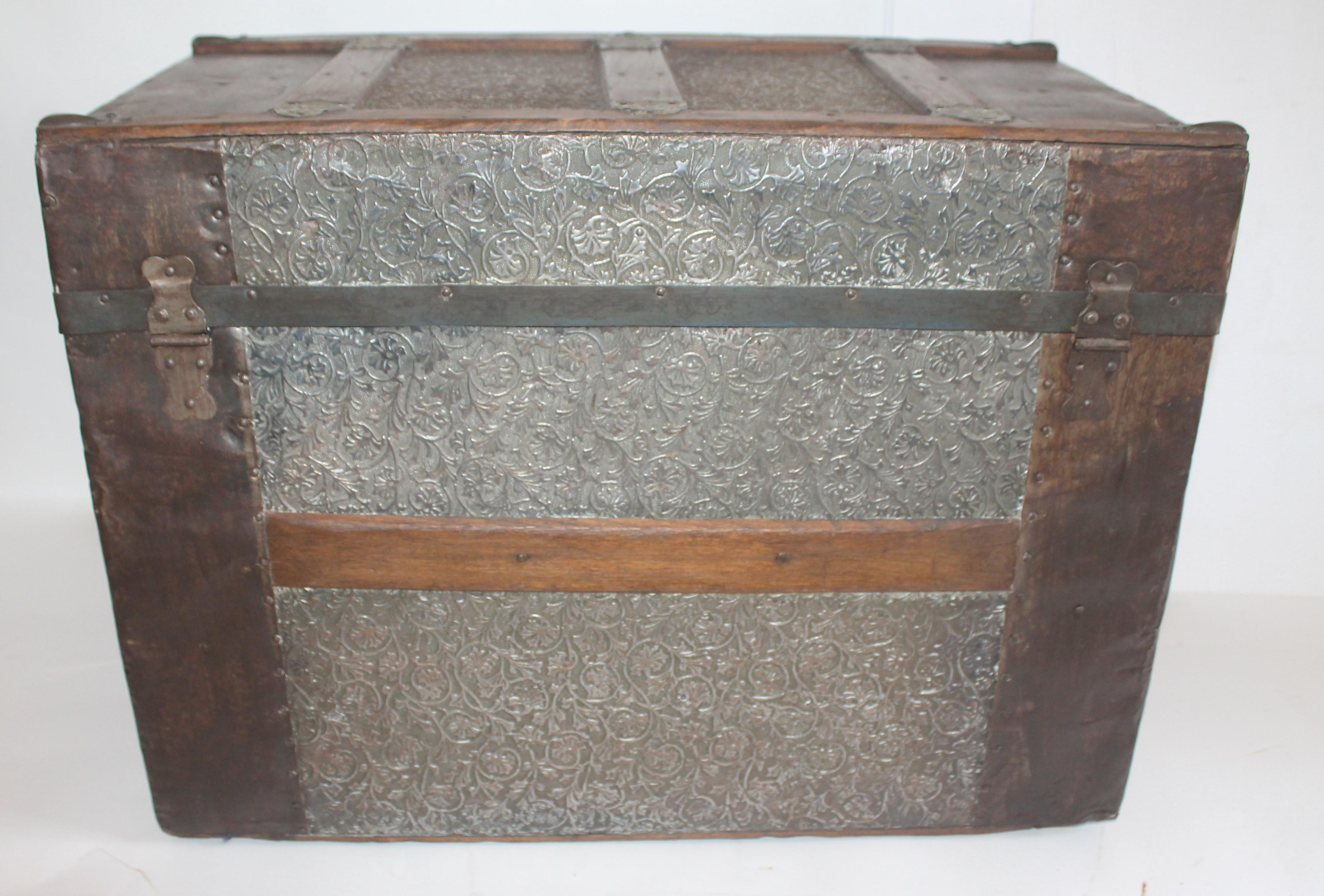Machine-Made 19th Century Trunk with Embossed Tin and Wood