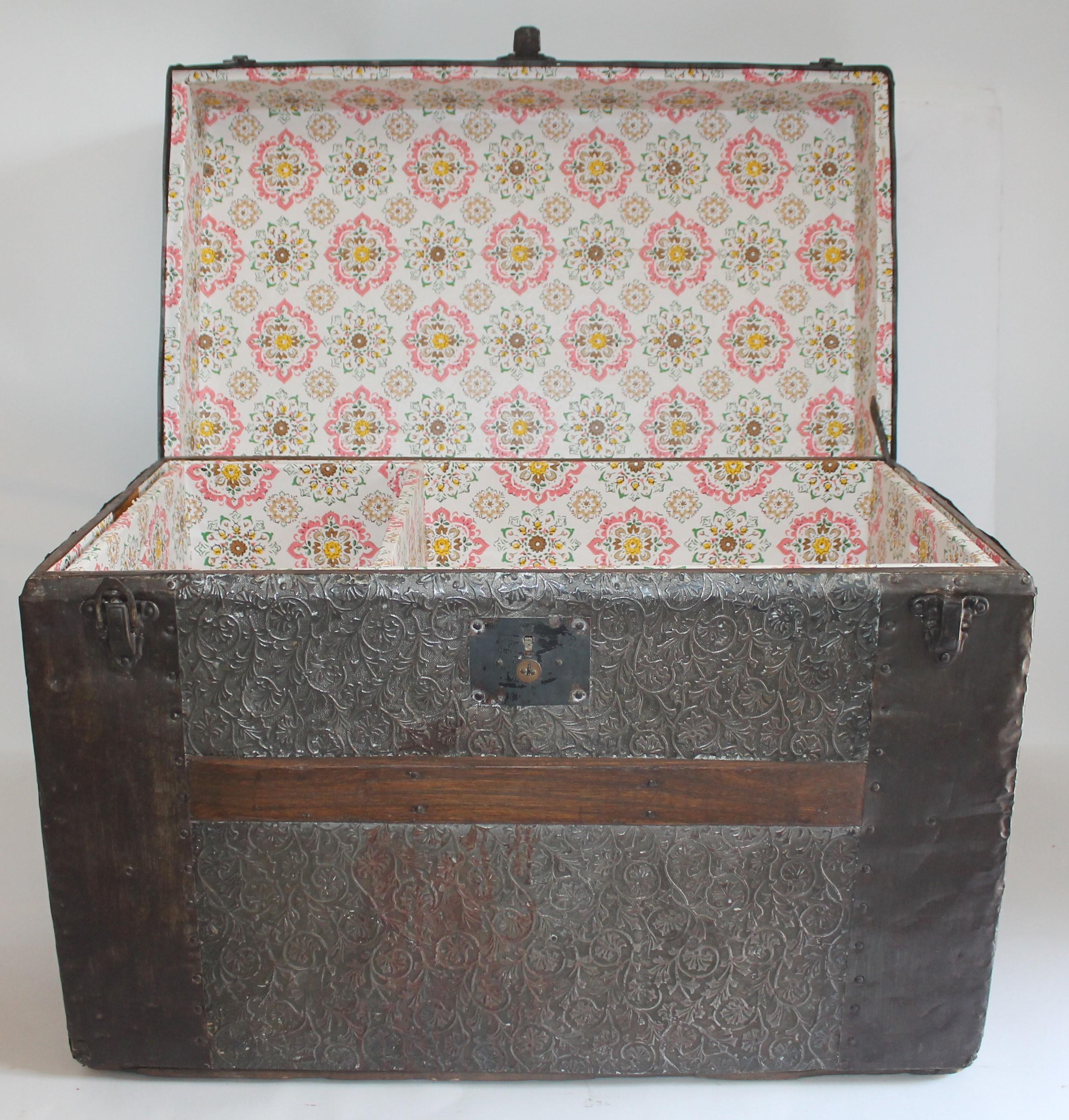 19th Century Trunk with Embossed Tin and Wood 1