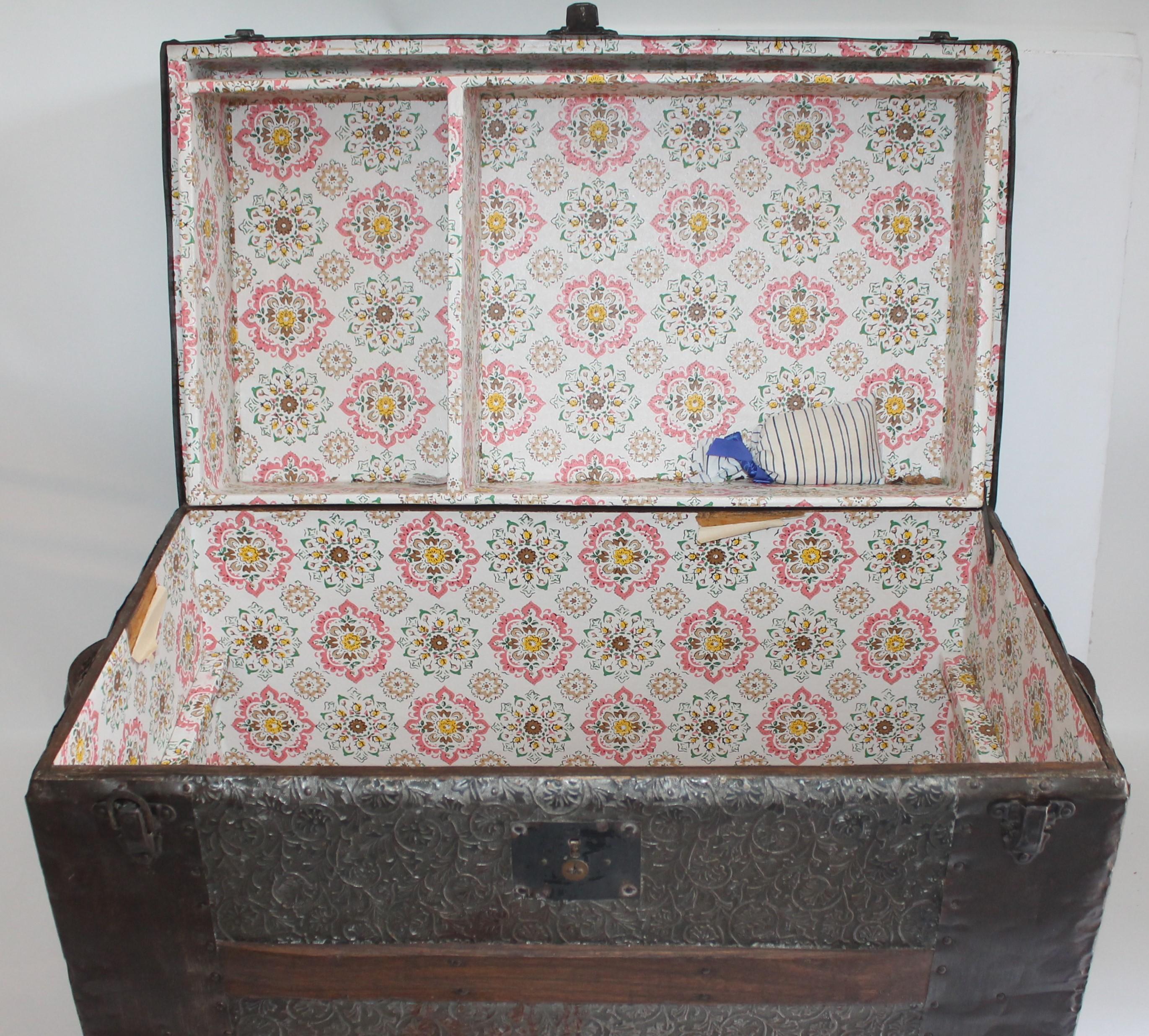 19th Century Trunk with Embossed Tin and Wood 2