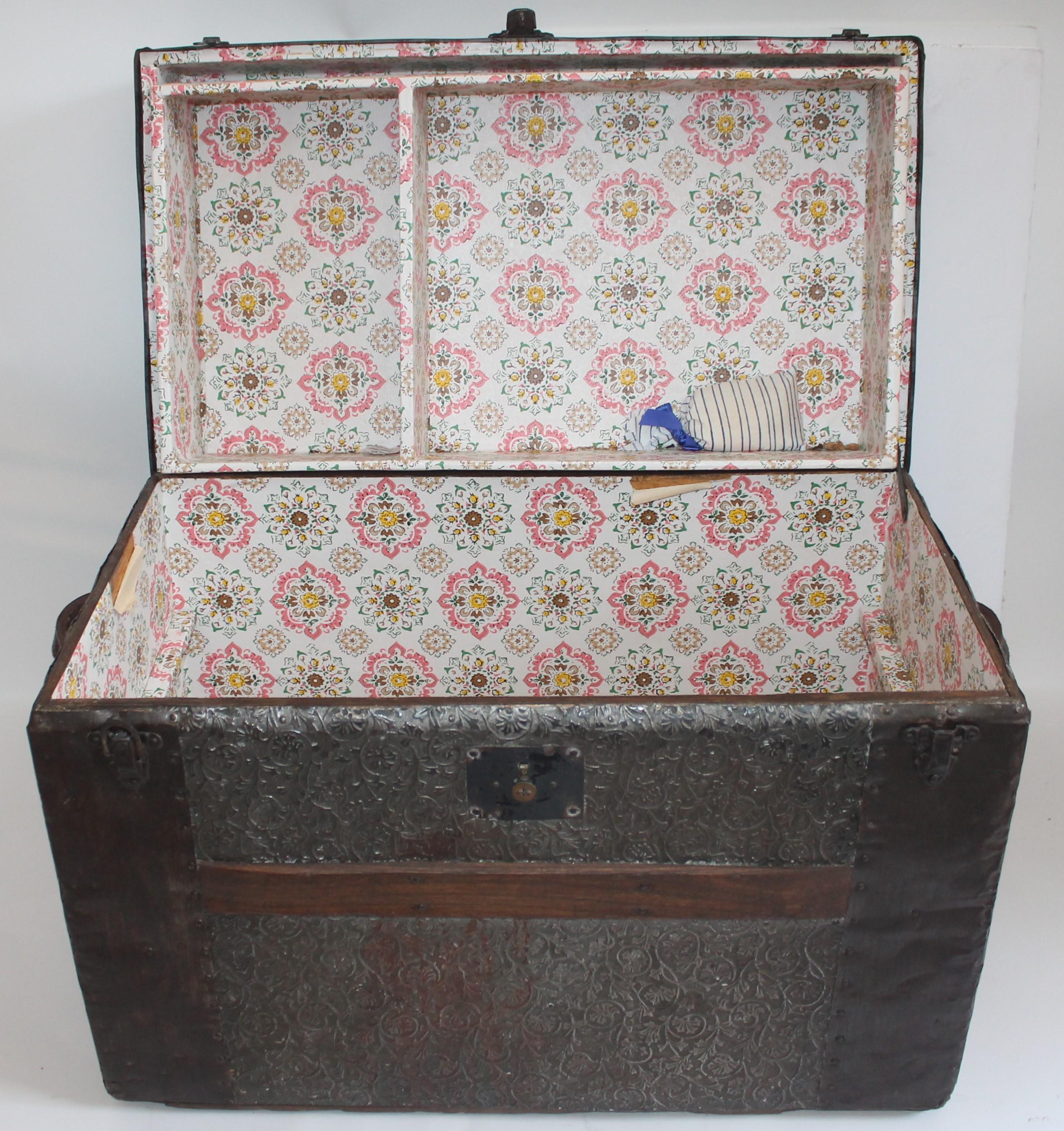 19th Century Trunk with Embossed Tin and Wood 3