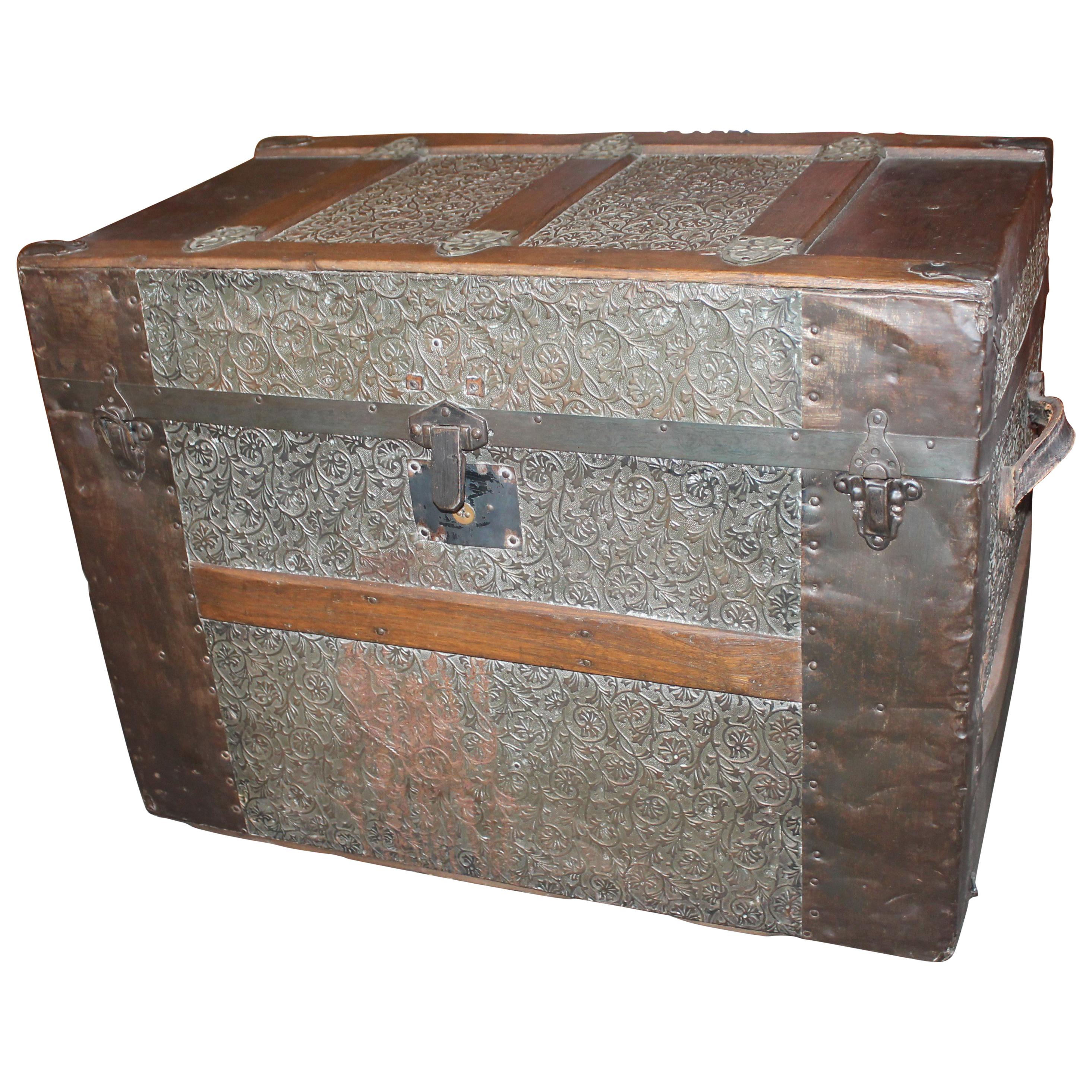 19th Century Trunk with Embossed Tin and Wood