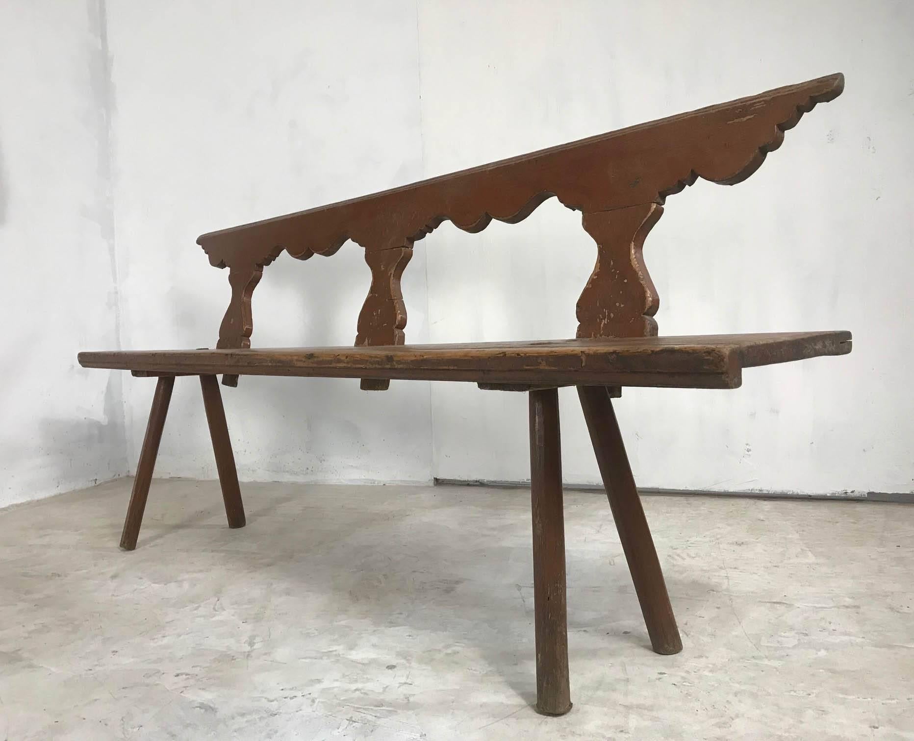 Beautiful pine bench with original brown paint which has worn away on the seat to produce a nice patina.
Great for hallway or seating at dining table.
Measurements: 188cm long x 34 cm wide x 83 cm high 
Seat height 49cm.