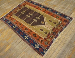1890s Brown Antique Turkish Anatolian Flatweave Prayer Rug 3'7"x4'10" Carpet
