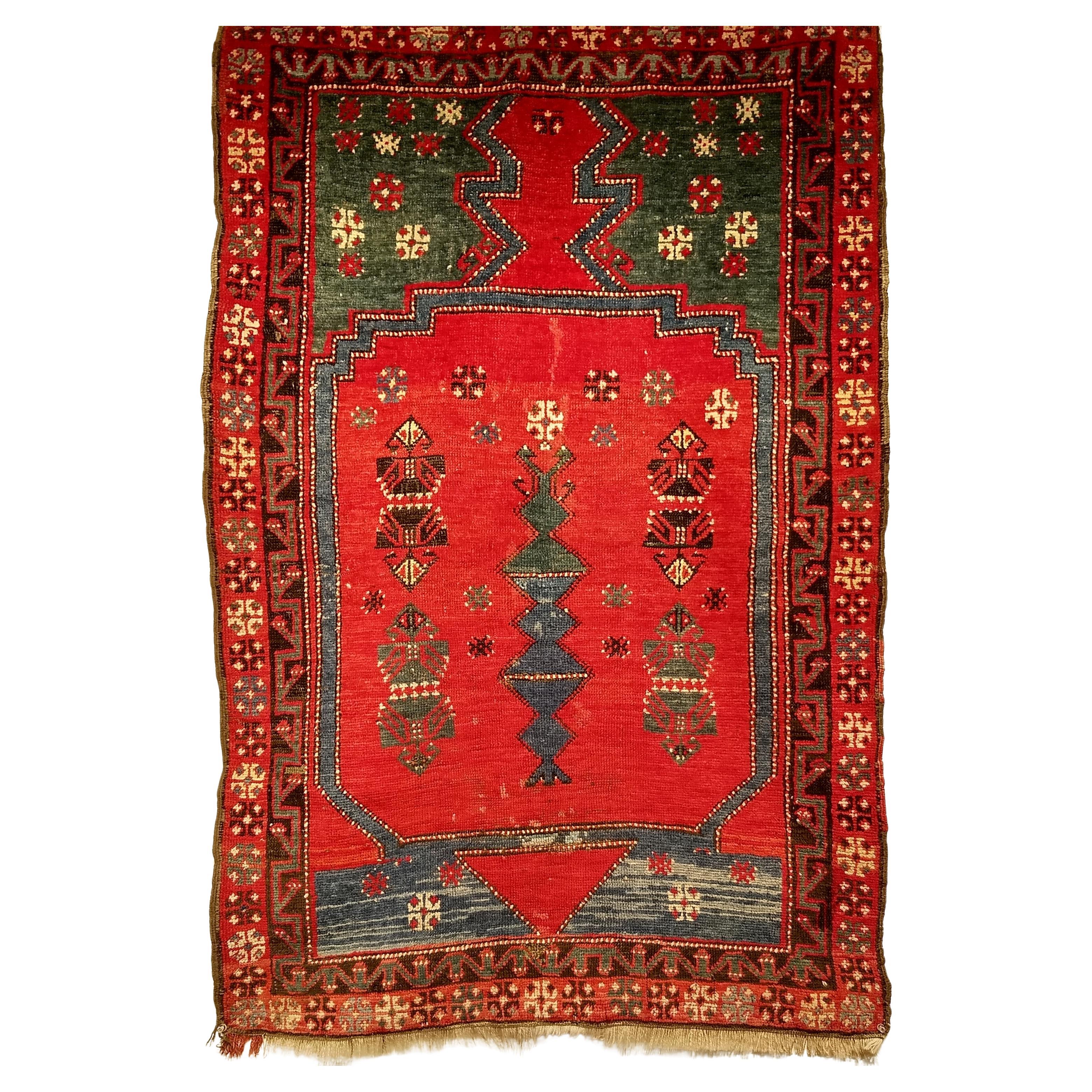 19th Century Turkish Anatolian Village Area Rug in Red, Green 
Blue For Sale