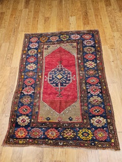 19th Century Handwoven Anatolian Village Area Rug, Wool, Vegetable Dyed, 4' x 5'