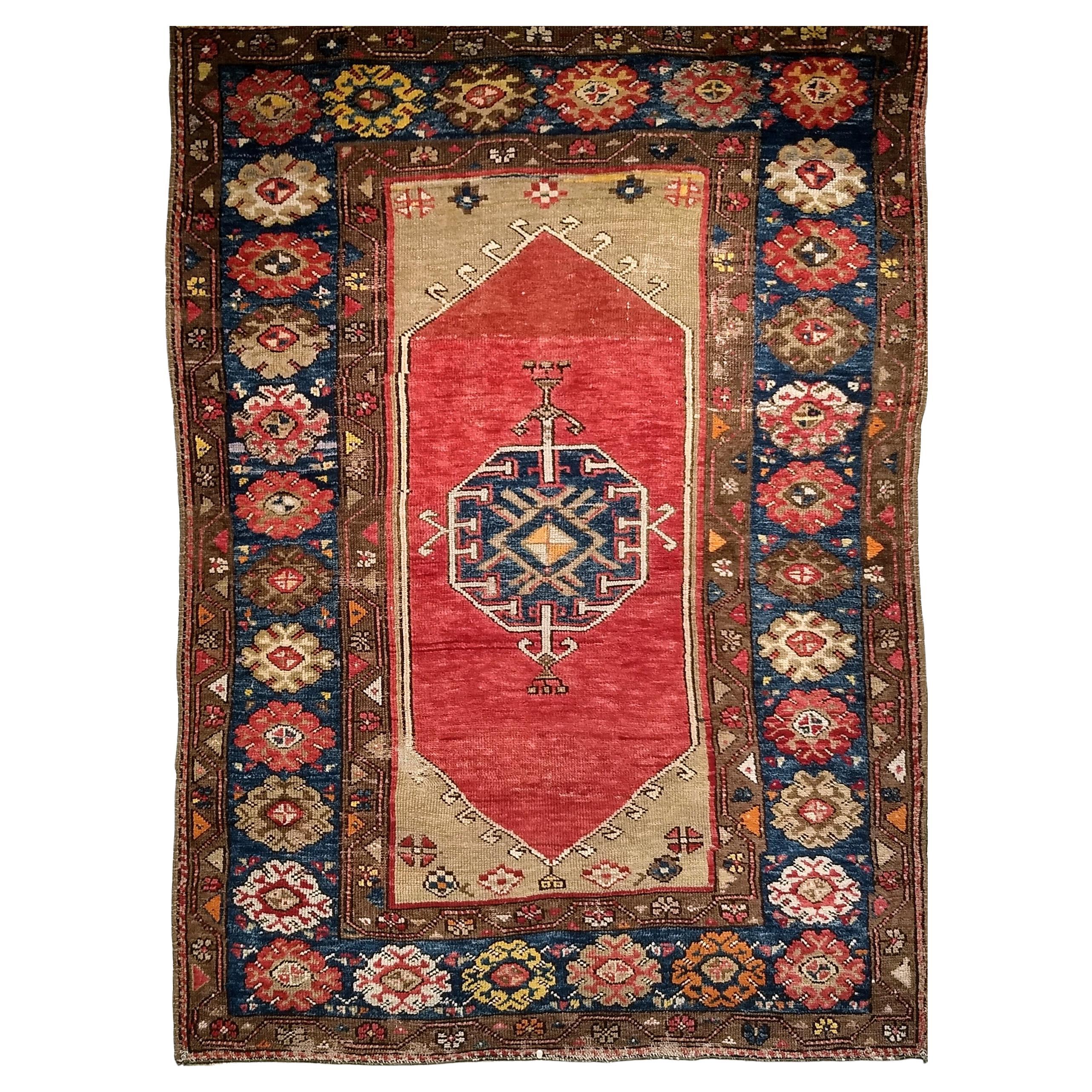 19th Century Turkish Anatolian Village Area Rug in Red, Navy, Tan
