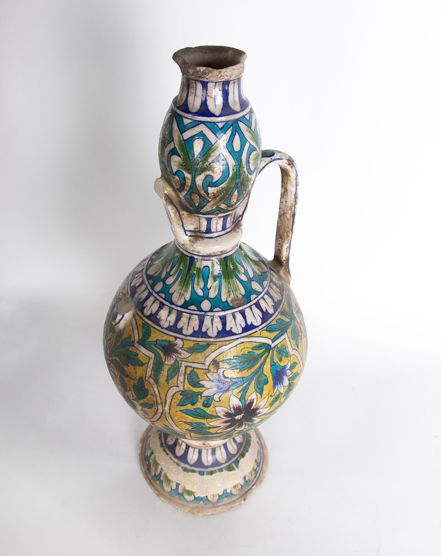 Hand-Painted 19th Century Turkish Ceramic Vase Decorated with Flowers in Various Colours For Sale
