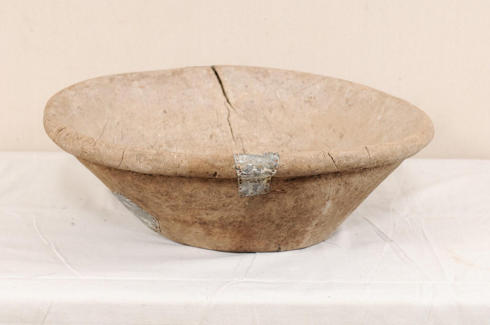 Wood 19th Century Turkish Dough Bowl with Old Metal Repairs