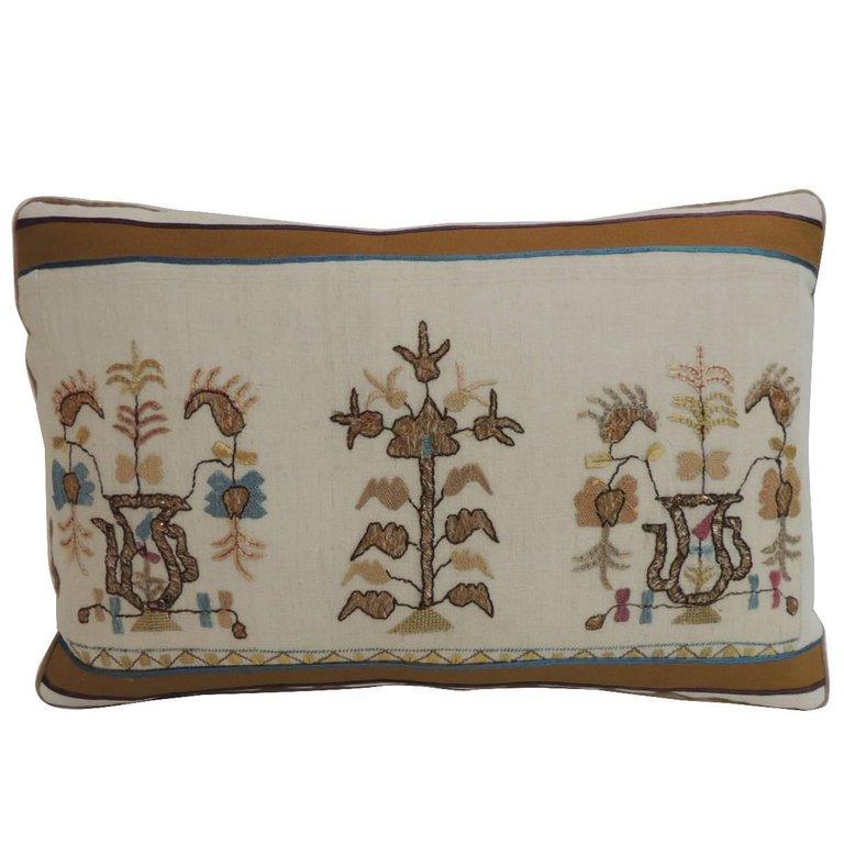 Anglo Raj 19th Century Turkish Floral Embroidery Decorative Lumbar Pillow