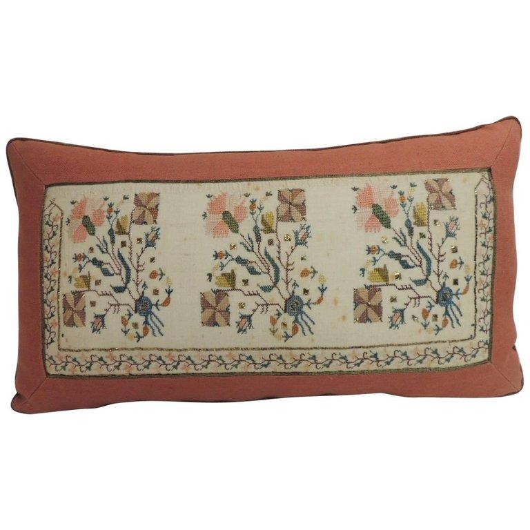 Hand-Crafted 19th C. Turkish Orange and Green Floral Embroidery Decorative Bolster Pillow