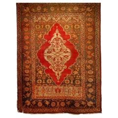 19th Century Turkish Oushak Area Rug, Hand-Knotted Wool, Red & Ivory, 5x6