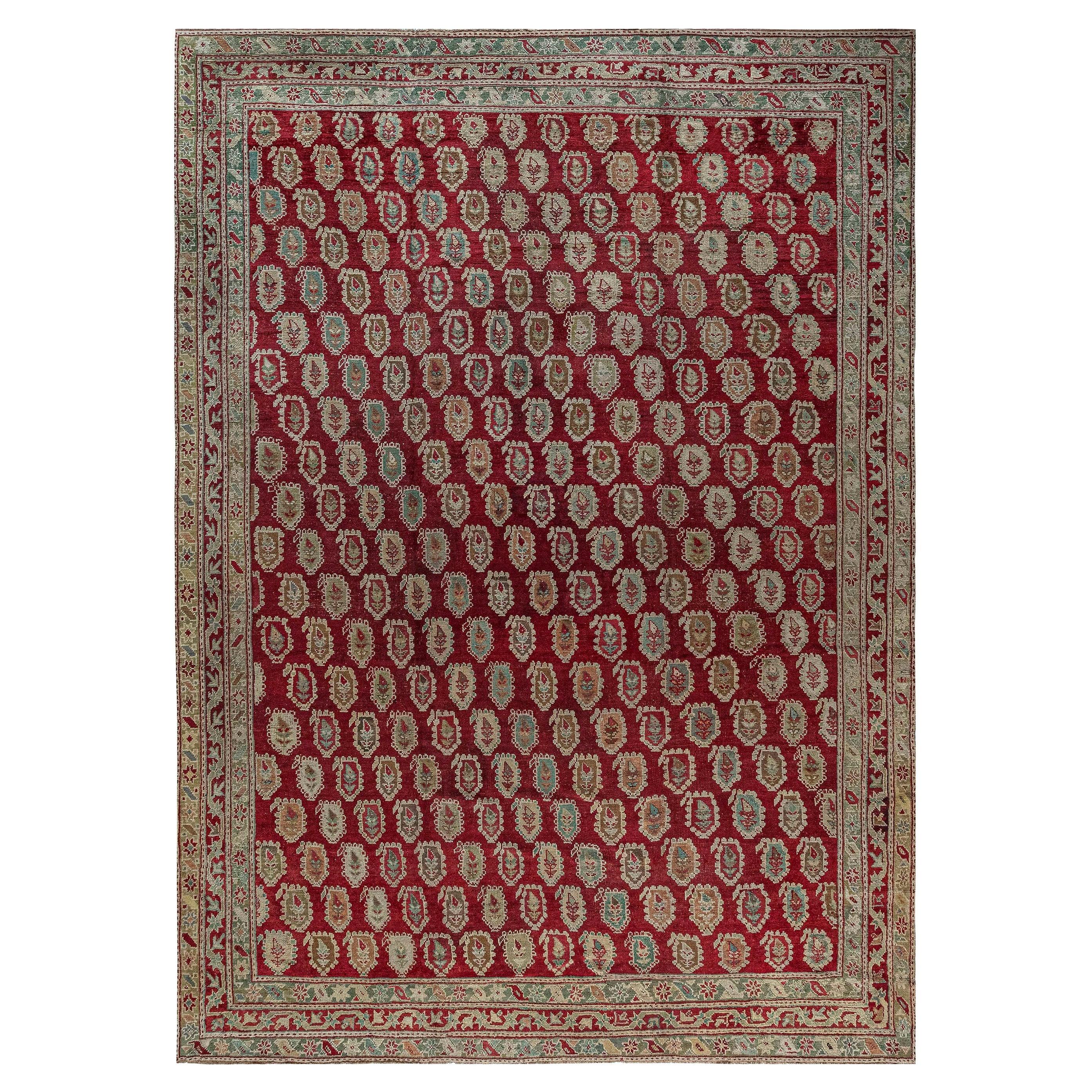 Tapis turc en laine rouge Oushak du 19ème siècle