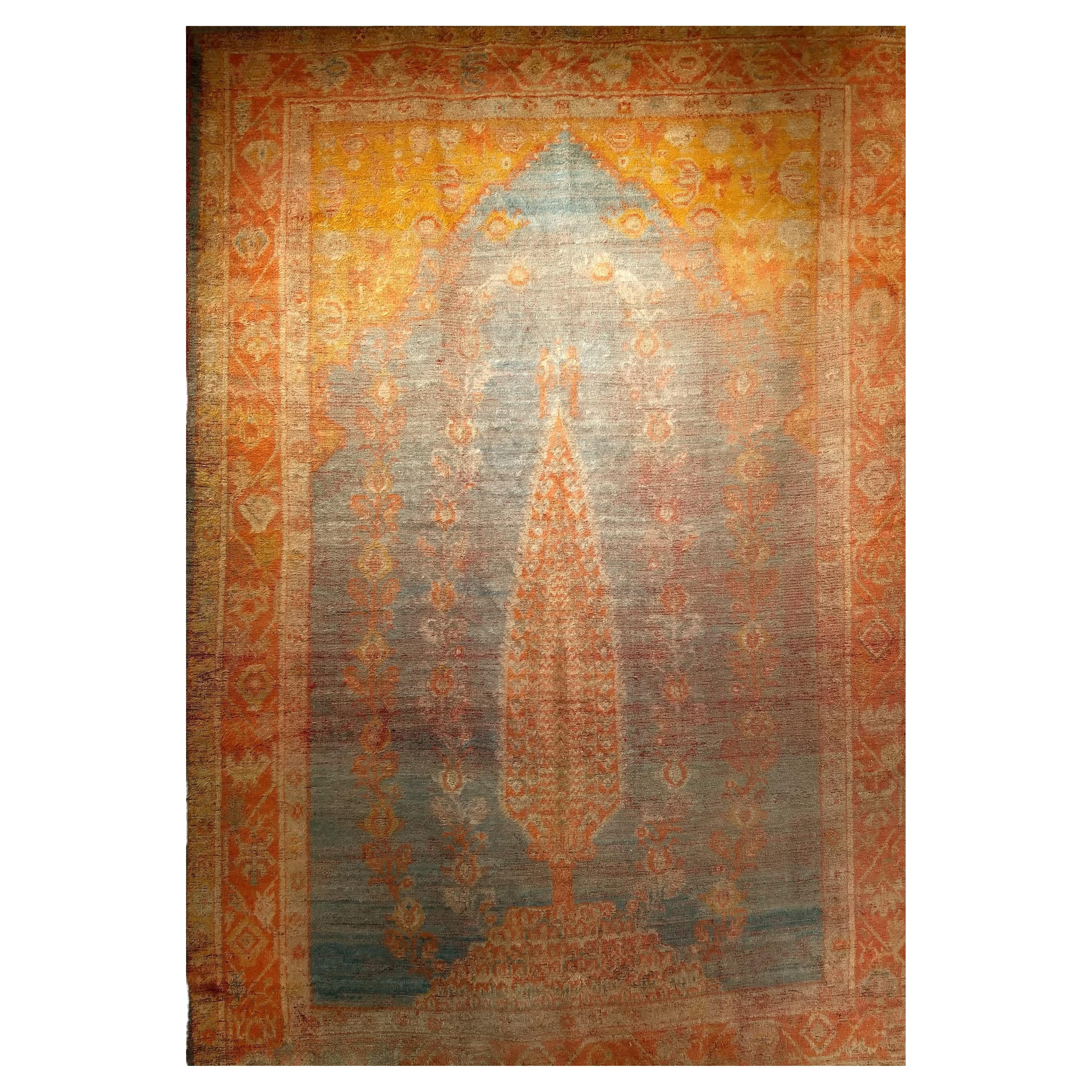 19th Century Turkish Oushak Rug, Tree of Life Design, Aqua Blue, 7' x 10' For Sale