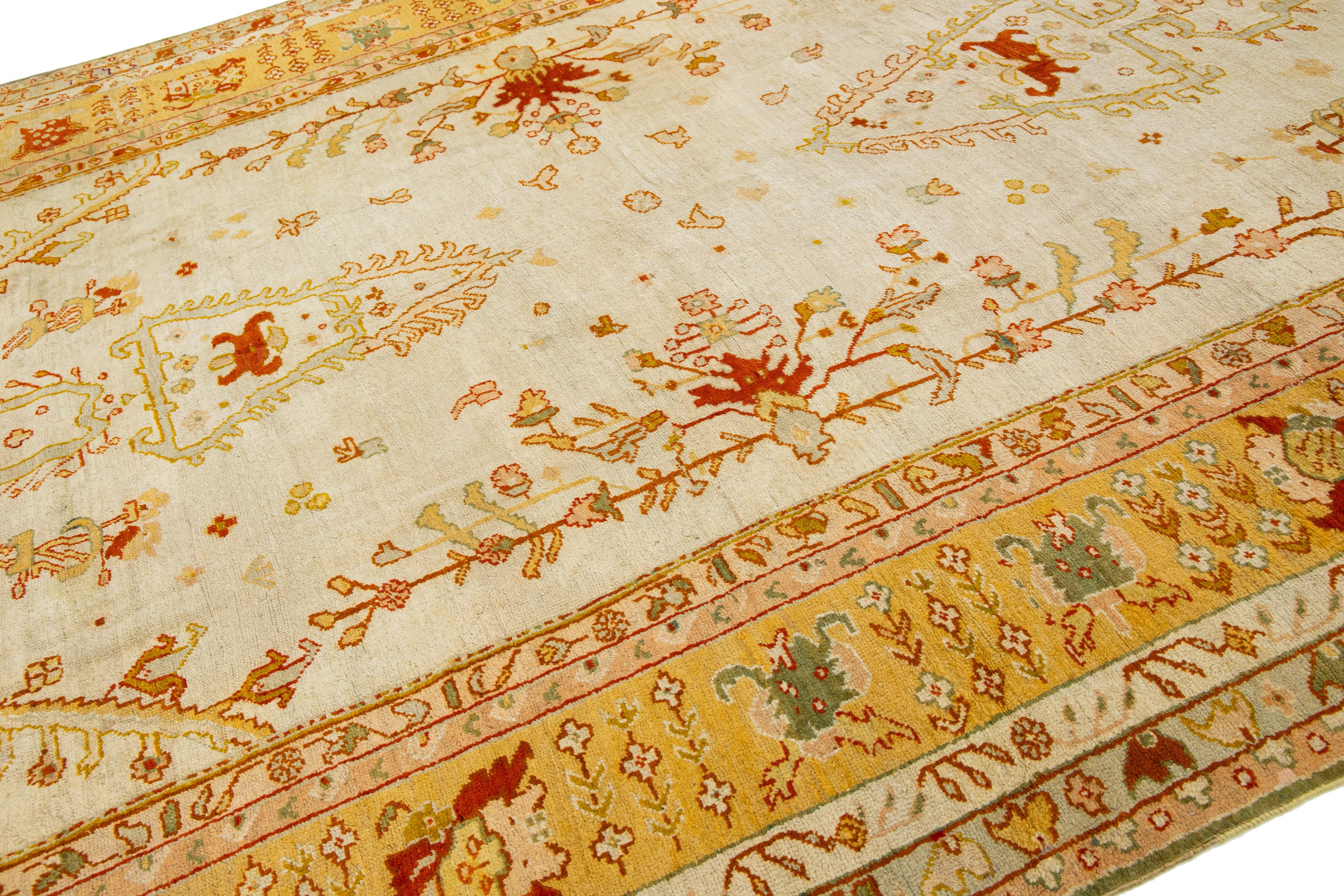 Hand-Knotted 19th Century Turkish Oushak Wool Rug In Beige Color And Allover Motif For Sale