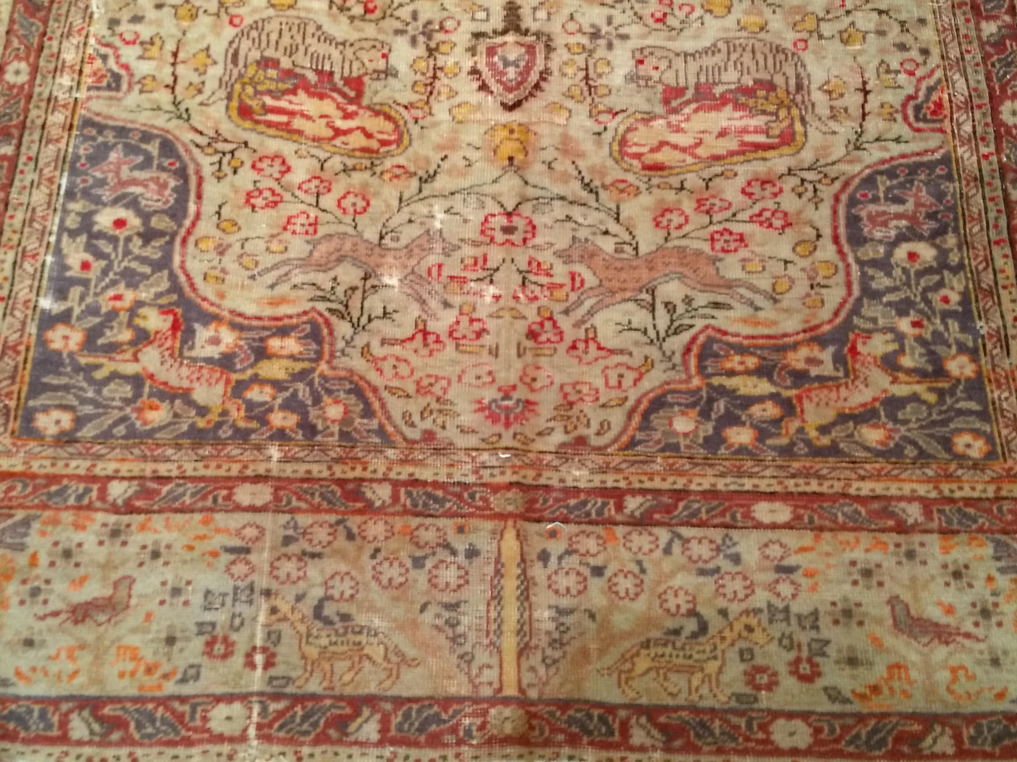 19th Century Turkish Sivas with Floral and Fauna in Camel, Lavender, Red Colors For Sale 5