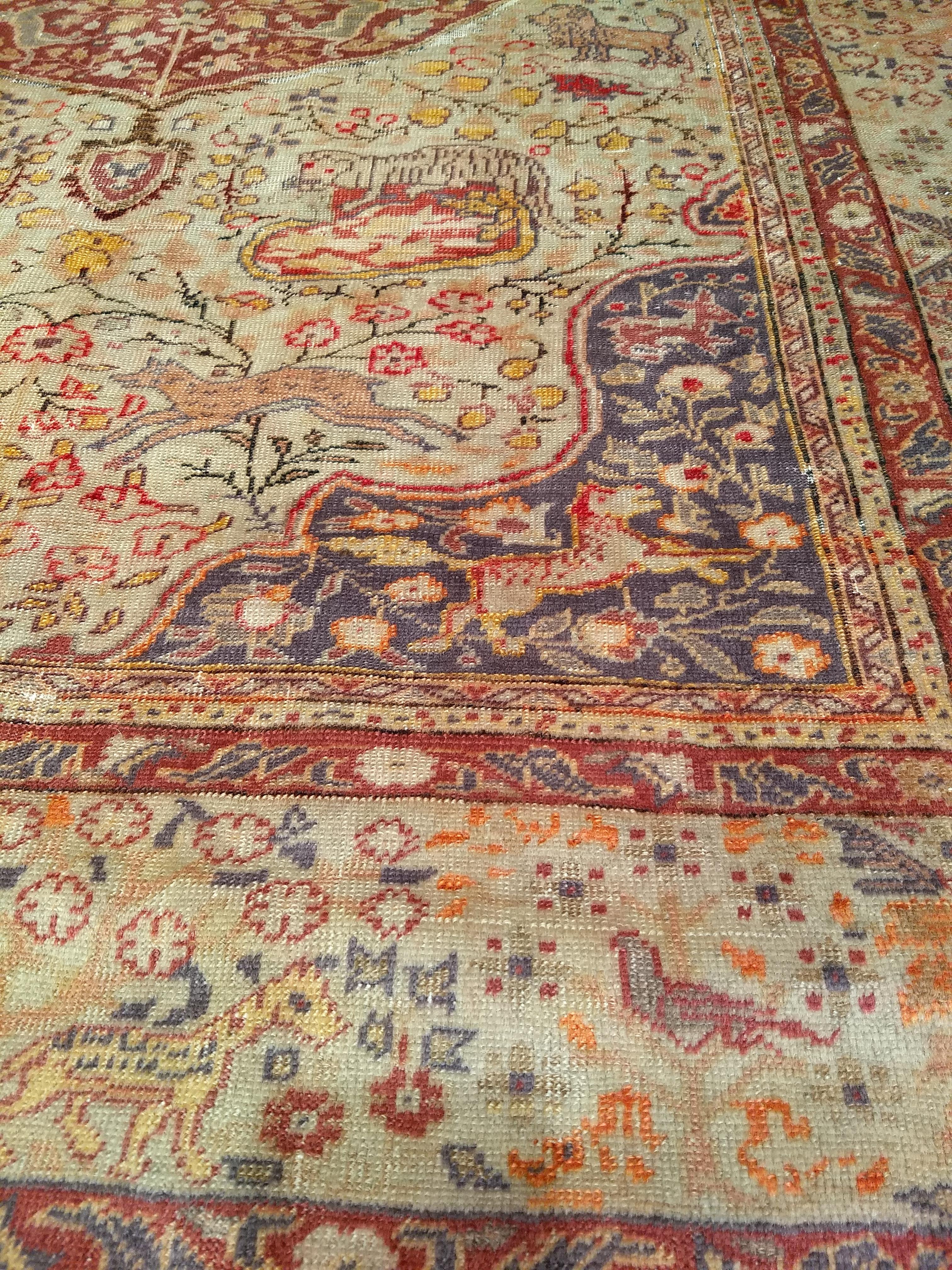 19th Century Turkish Sivas with Floral and Fauna in Camel, Lavender, Red Colors For Sale 6