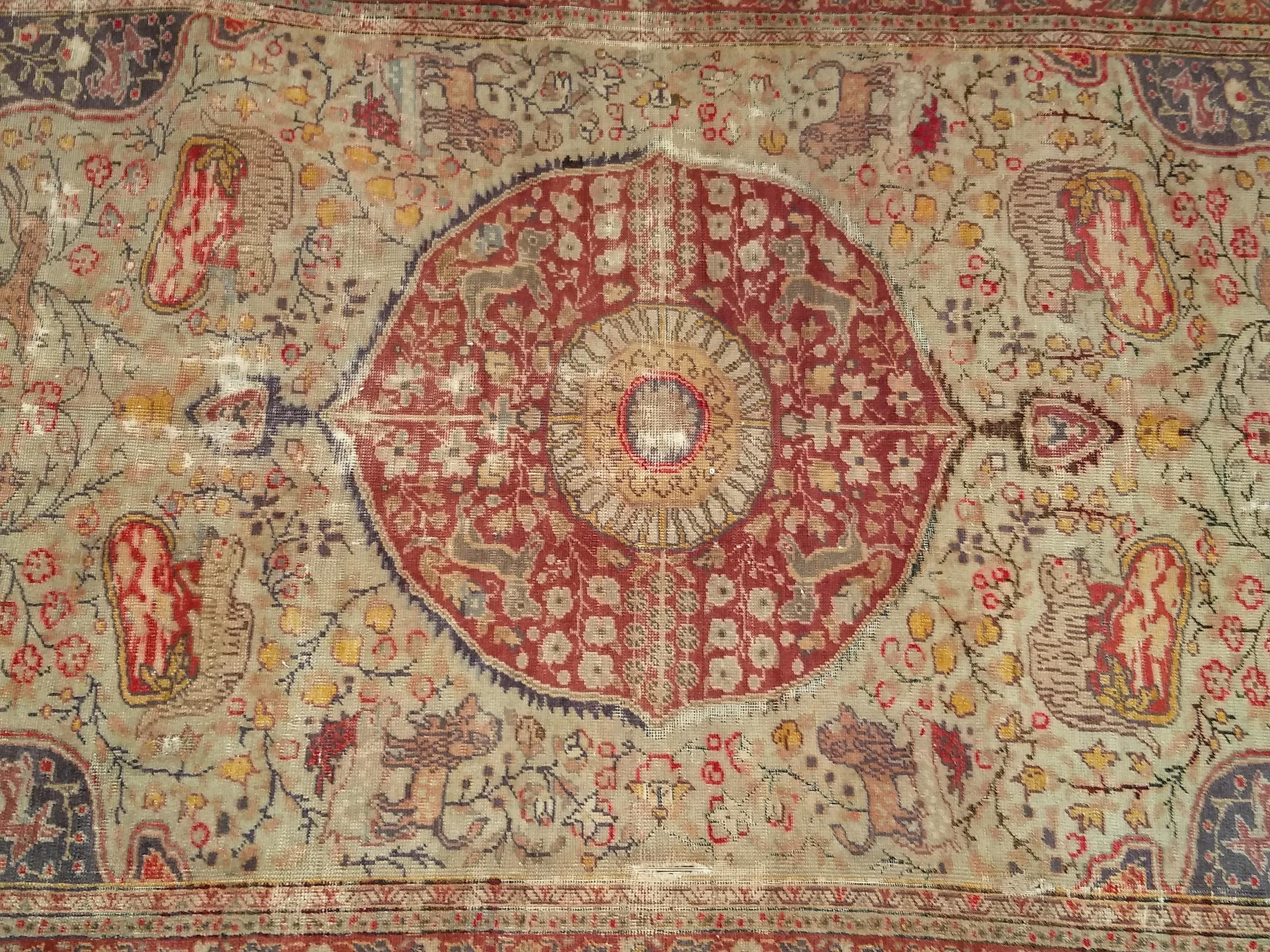 19th Century Turkish Sivas with Floral and Fauna in Camel, Lavender, Red Colors For Sale 7