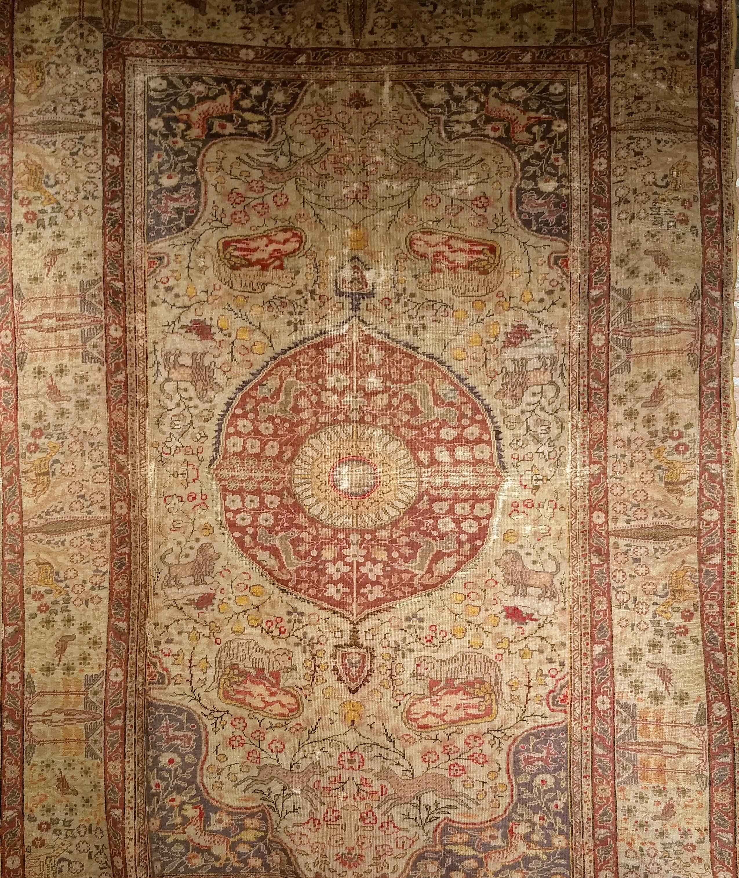 Hand-Knotted 19th Century Turkish Sivas with Floral and Fauna in Camel, Lavender, Red Colors For Sale