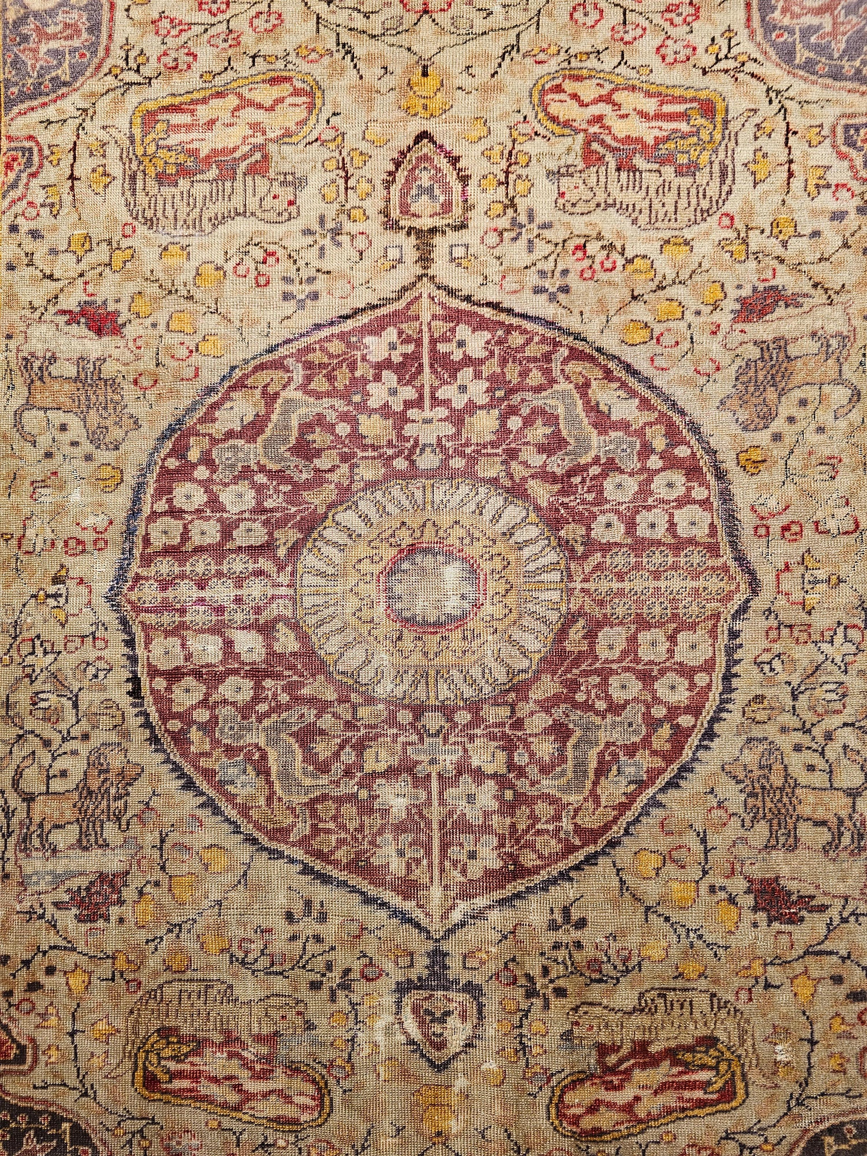 19th Century Turkish Sivas with Floral and Fauna in Camel, Lavender, Red Colors In Good Condition For Sale In Barrington, IL