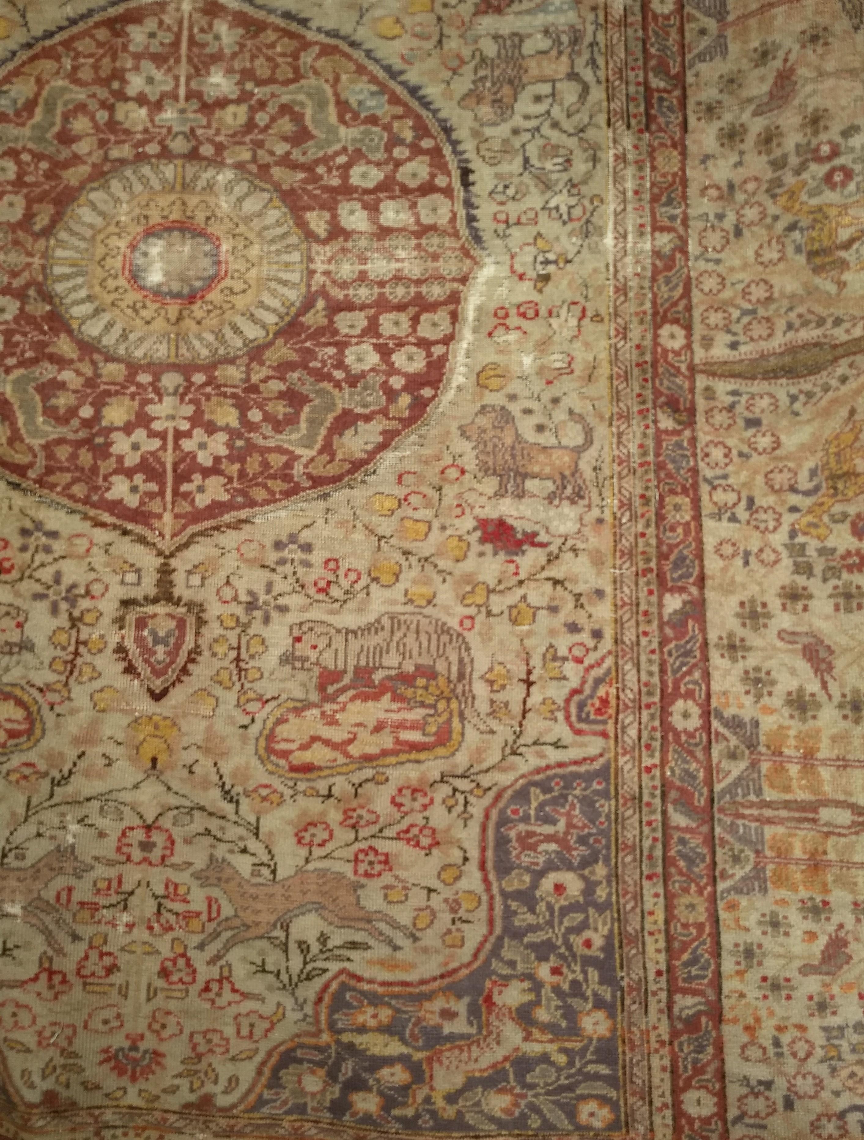 Wool 19th Century Turkish Sivas with Floral and Fauna in Camel, Lavender, Red Colors For Sale