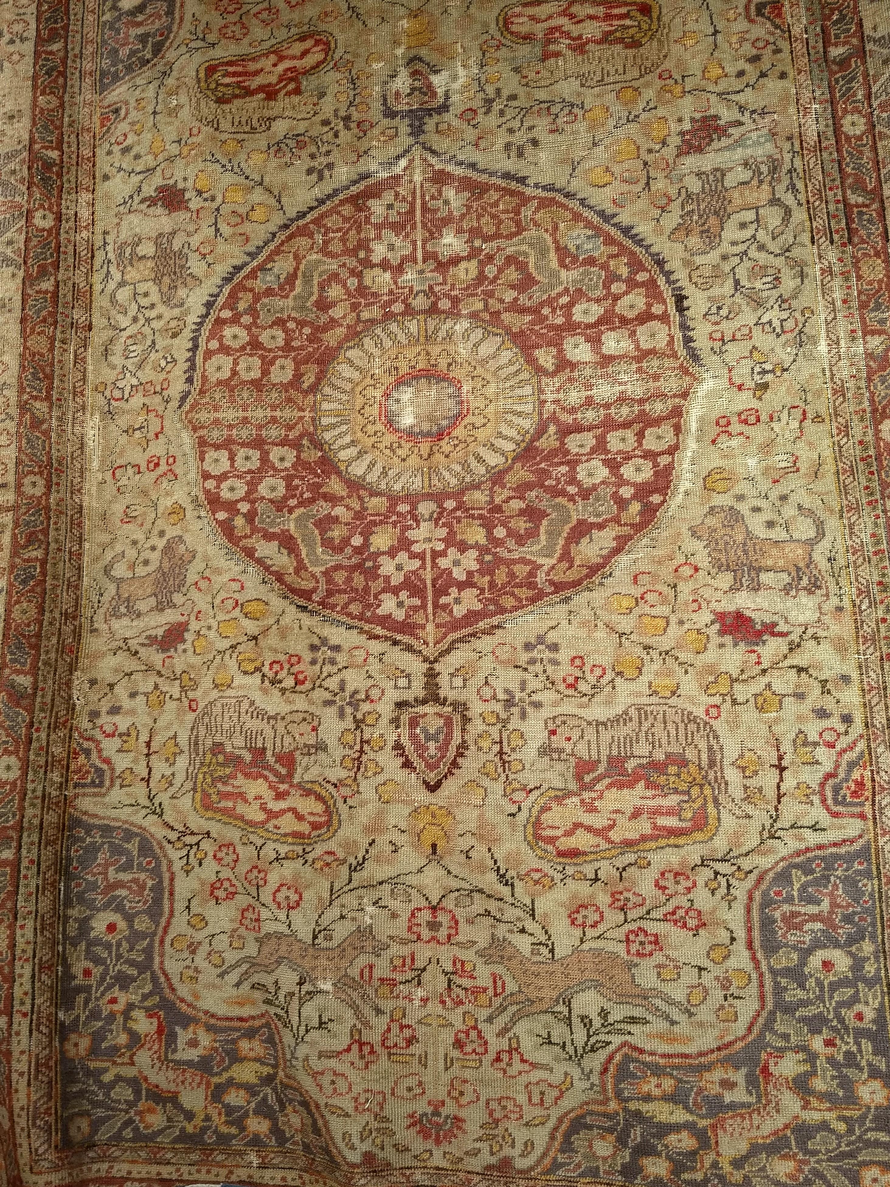 19th Century Turkish Sivas with Floral and Fauna in Camel, Lavender, Red Colors For Sale 1