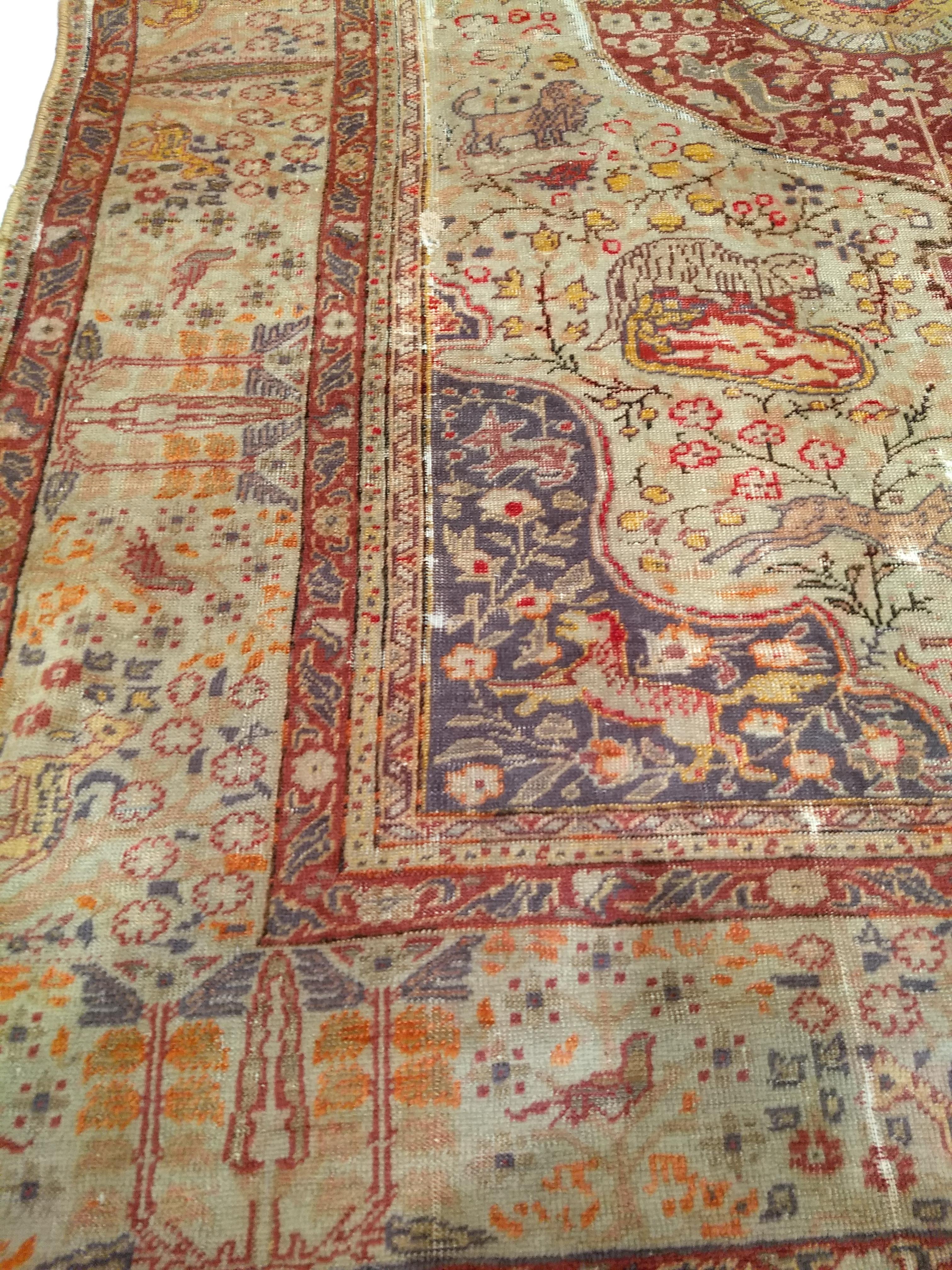 19th Century Turkish Sivas with Floral and Fauna in Camel, Lavender, Red Colors For Sale 4