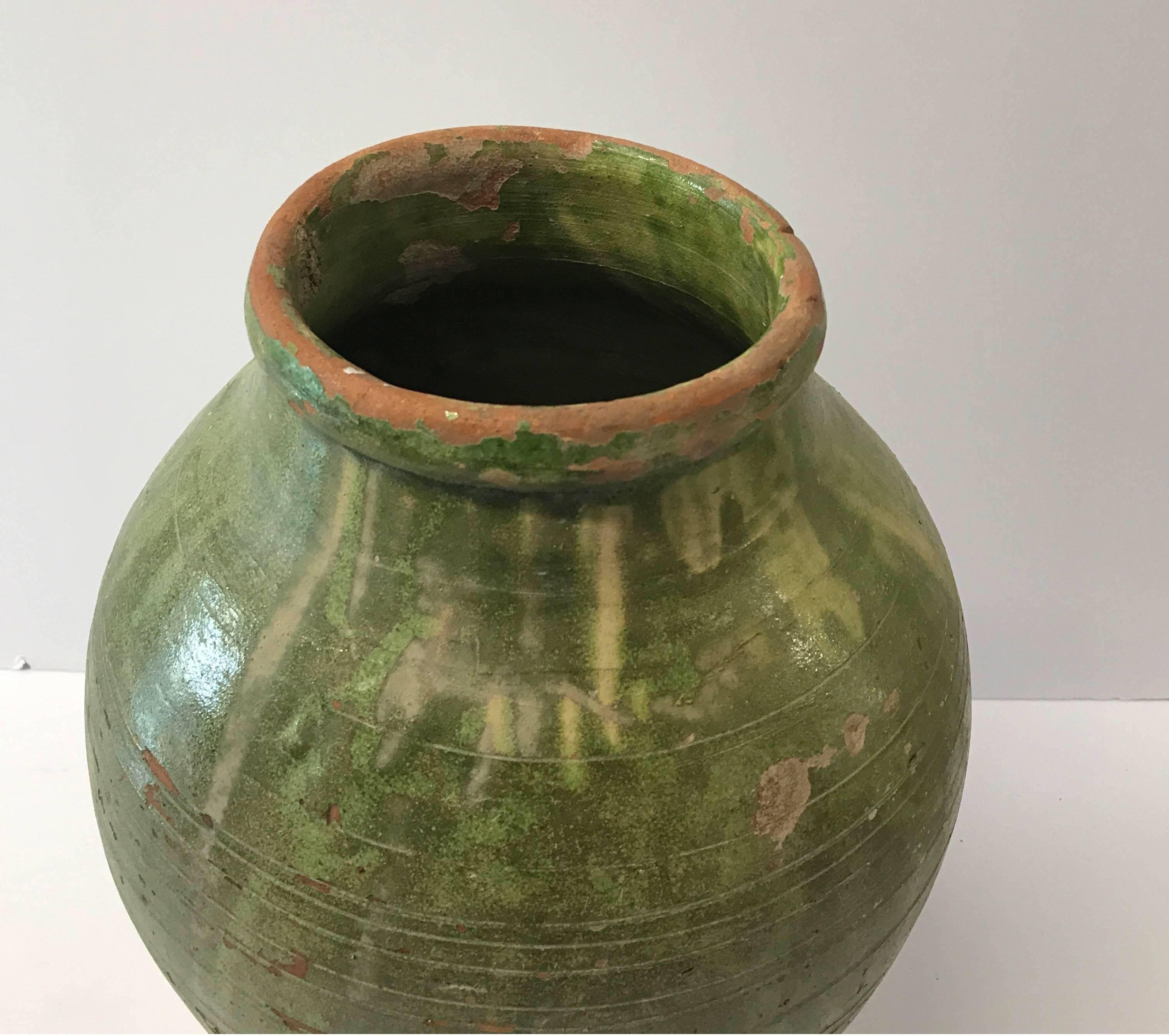 Terracotta 19th Century Turkish Terra Cotta Oil Jar with Green Glaze