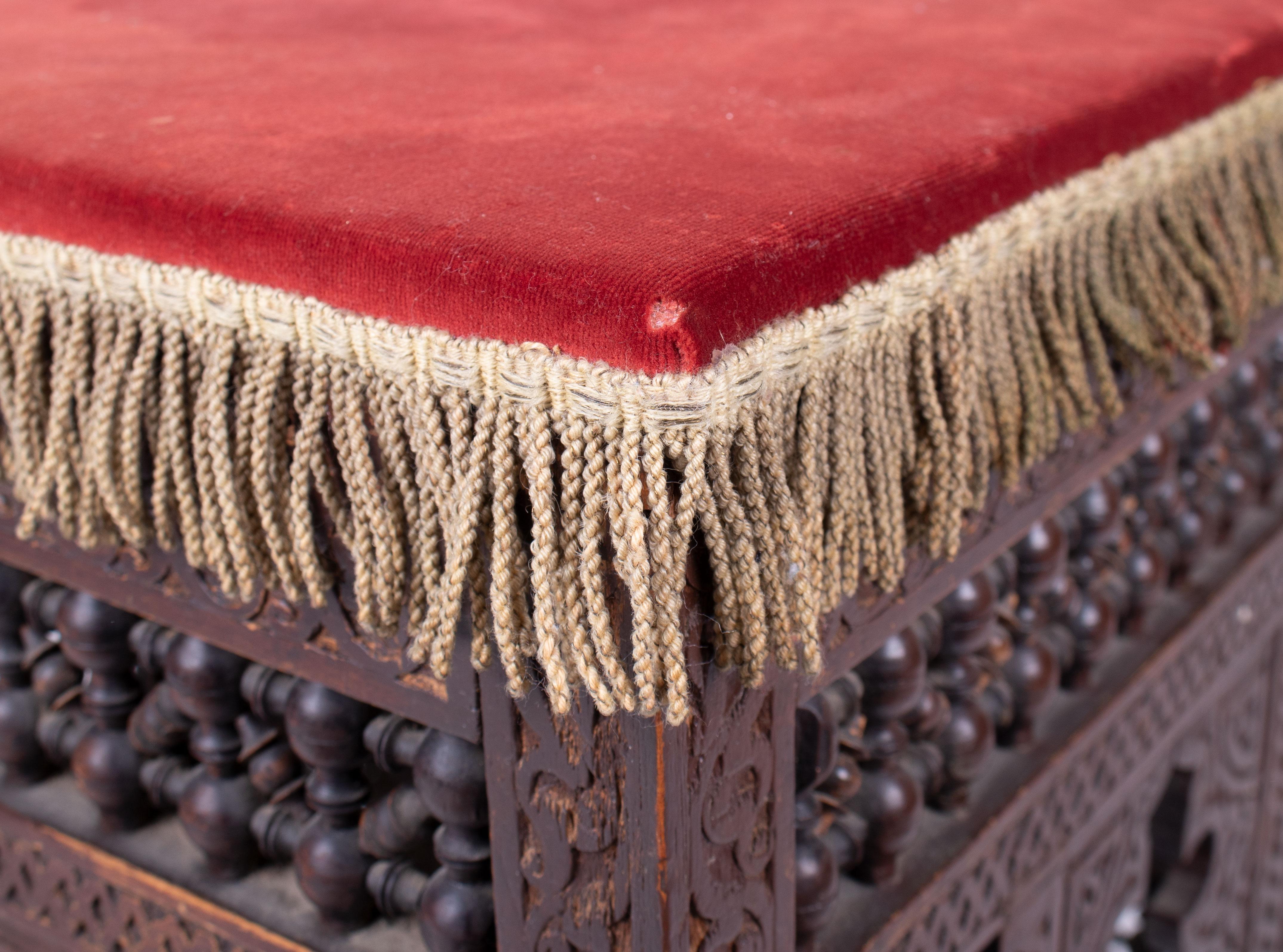 19th Century Turkish Wooden Stool Upholstered in Red Velvet 6