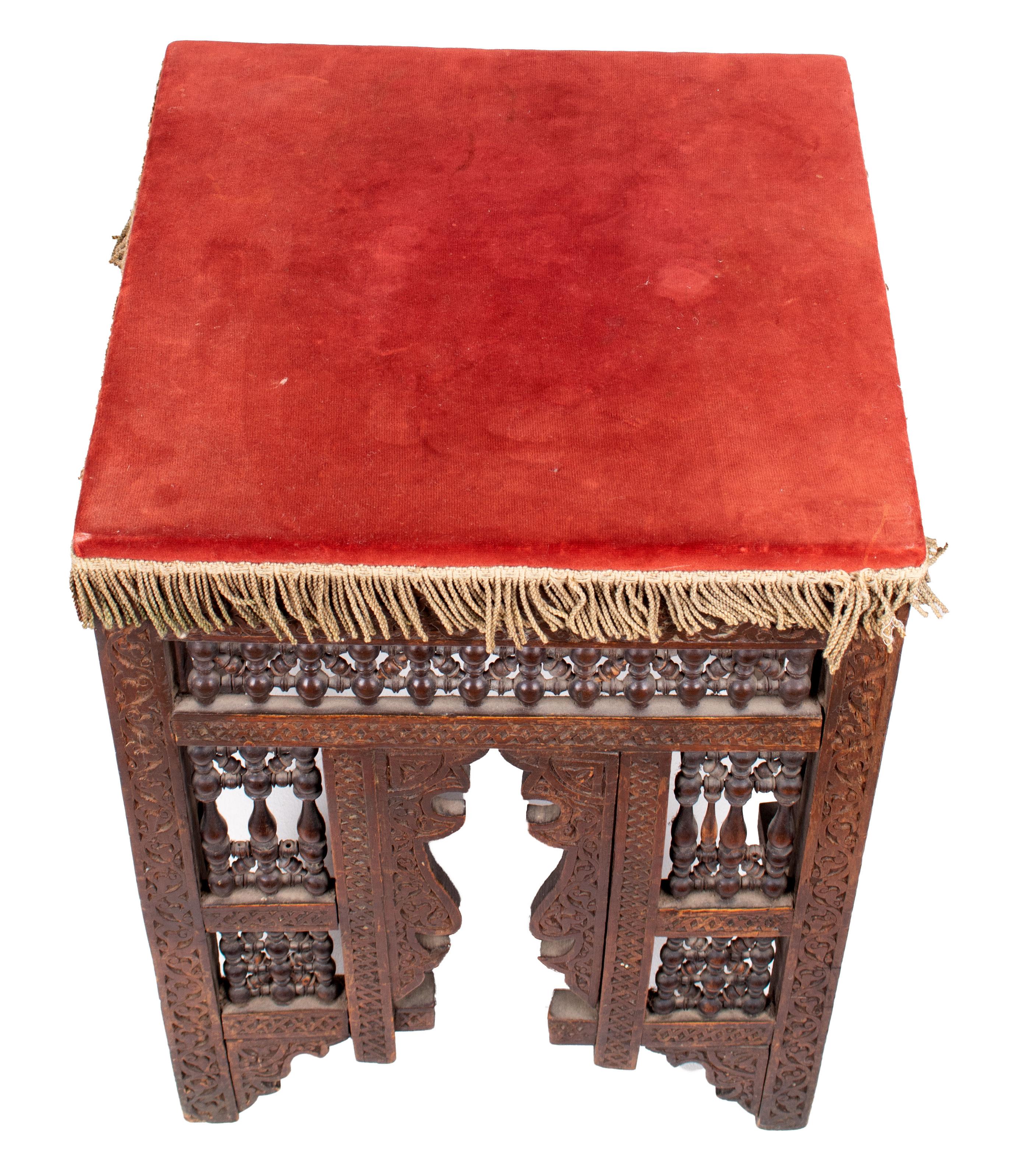 19th Century Turkish Wooden Stool Upholstered in Red Velvet 1