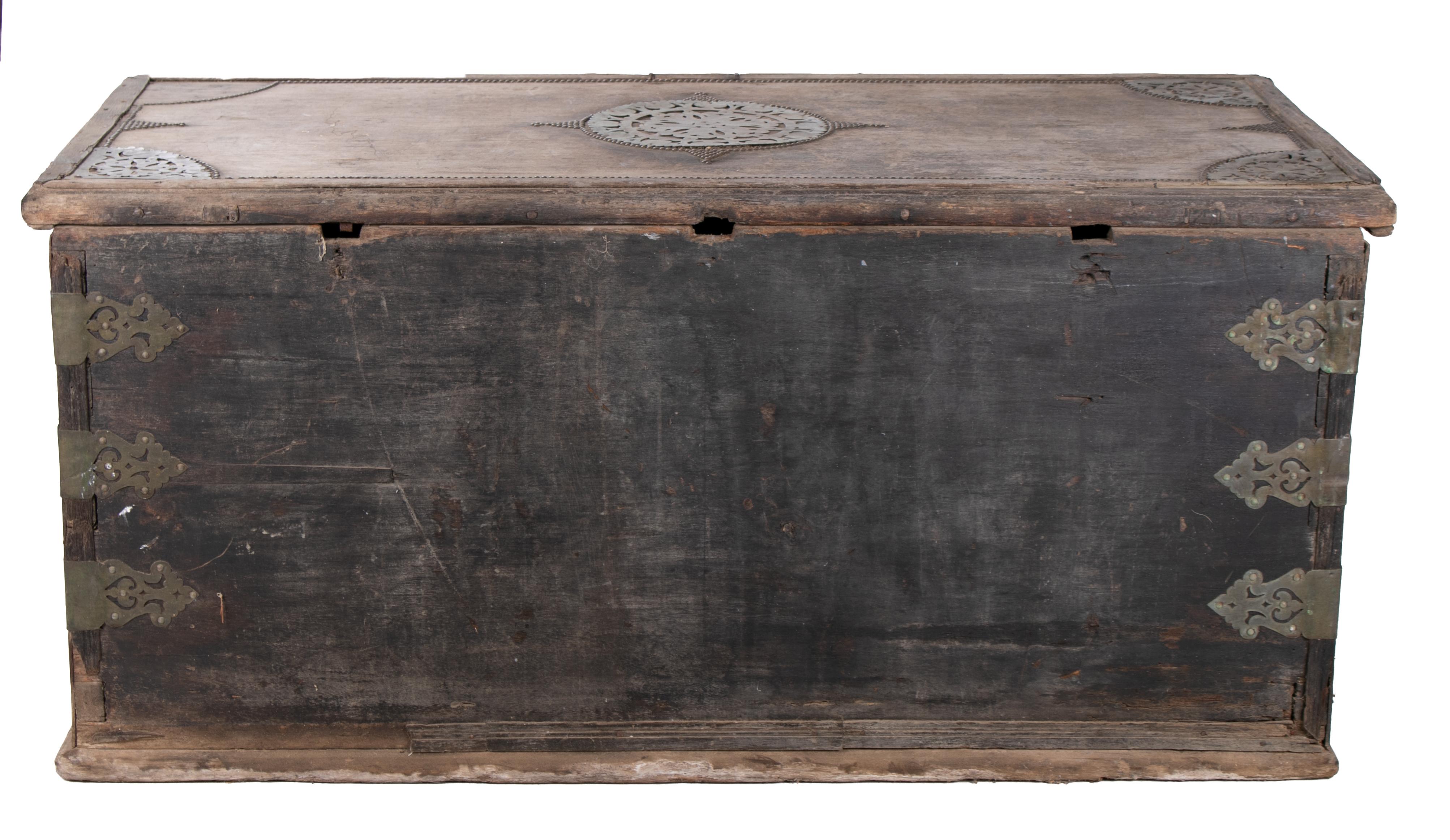 18th Century and Earlier 19th Century Turkish Wooden Trunk with Bronze Decorations and Fittings
