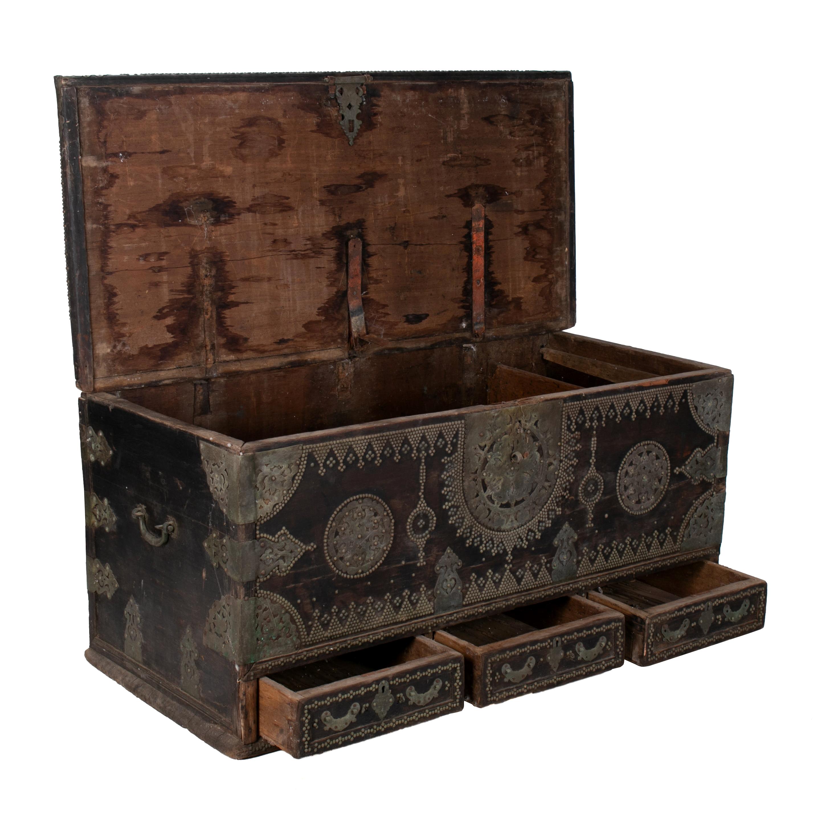 19th Century Turkish Wooden Trunk with Bronze Decorations and Fittings