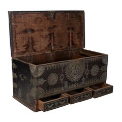 19th Century Turkish Wooden Trunk with Bronze Decorations and Fittings