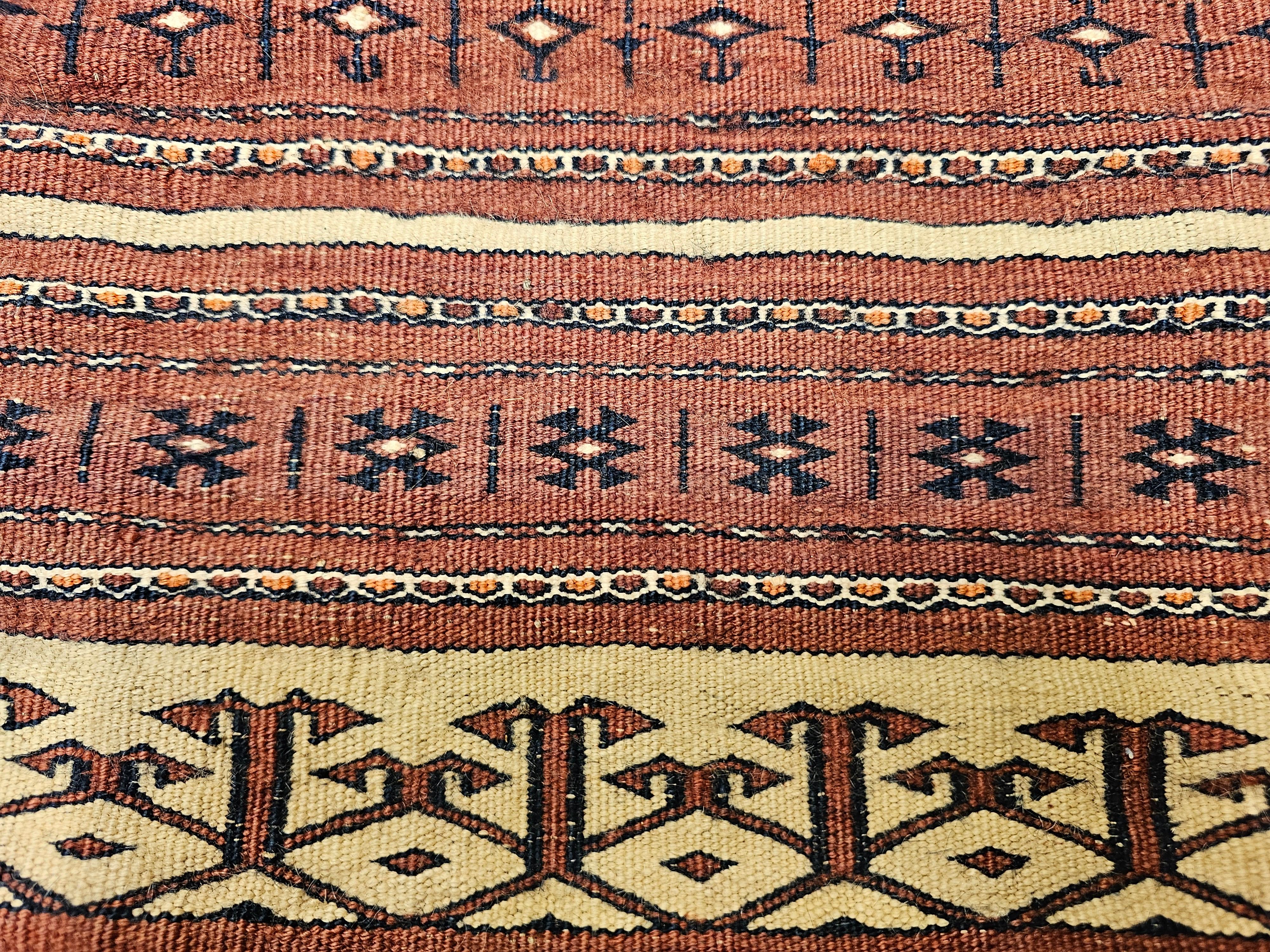 19th Century Turkmen Saddlebag in Tekke Stripe Pattern in Dark Red, Ivory, Brown For Sale 7
